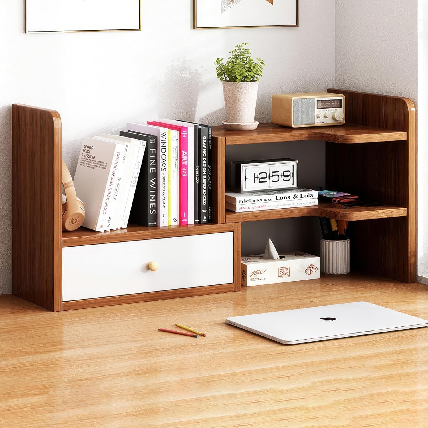 Joiena Desktop Bookshelf Desk Storage Organizer Adjustable Wood Bookcase Desktop Display Shelf Stand Rack with Cabinet Office Supplies (Wood, without Door)