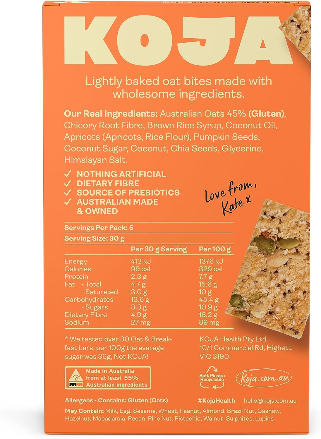 KOJA Health Oat Bites Multipack 5X30G Muesli Slice - 3.5 Health Star, All Natural, Less Sugar, Australian Made, Lunchbox Friendly (Pack of 6 5X30G Cartons) image number 5