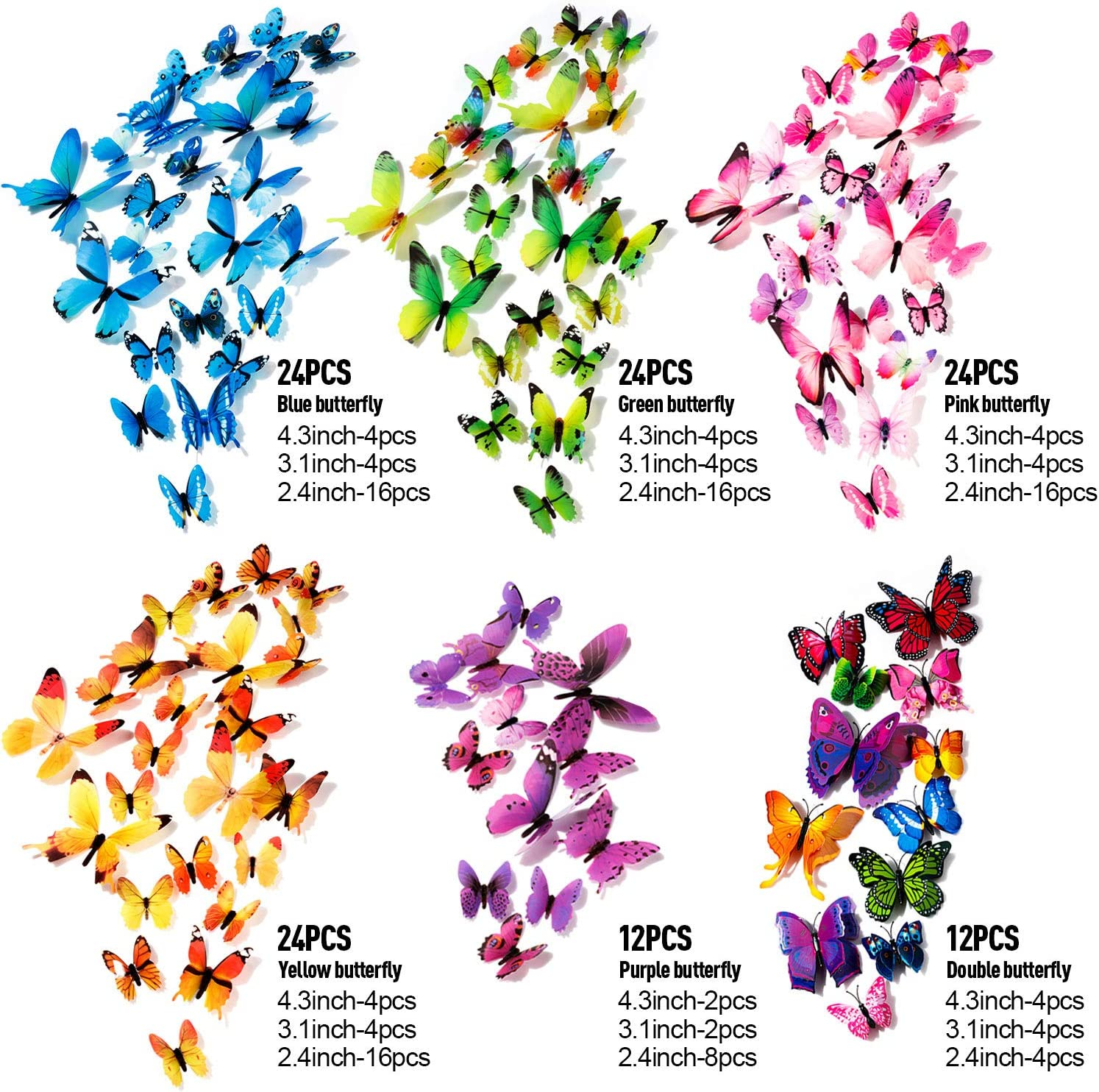 120PCS 3D Colorful Butterfly Wall Stickers, Butterfly Wall Decals, Removable Butterflies DIY Art Decor Crafts for Party Offices Bedroom Room Sticker Set