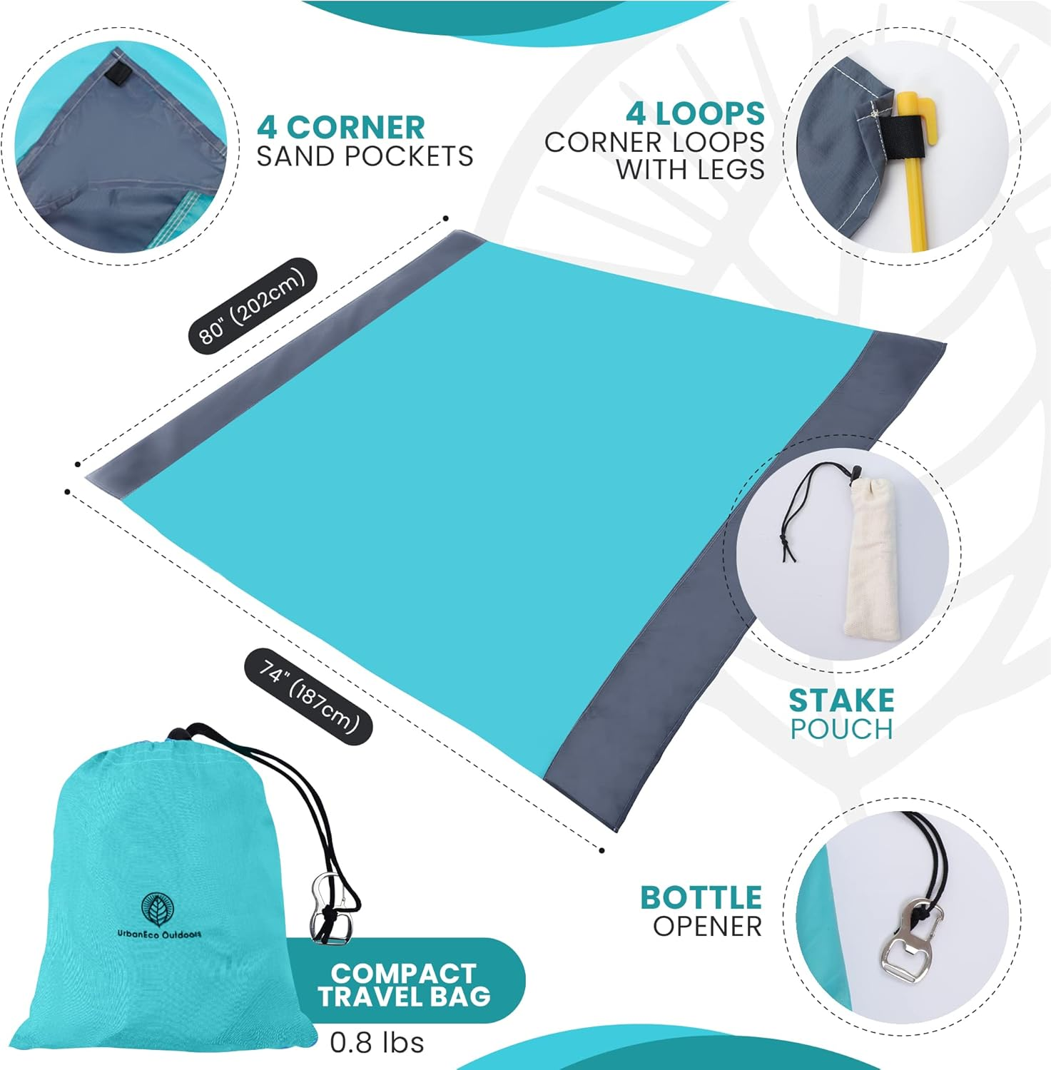 Beach Blanket Waterproof Sandproof - 80&rdquo;X74&rdquo; Beach Mat Sand Free Waterproof - Outdoor Picnic Blankets Beach Accessories Essentials with Durable Bottle Opener Compact Bag, Stake & Pouch (Green Gray) - Green Gray image number 6