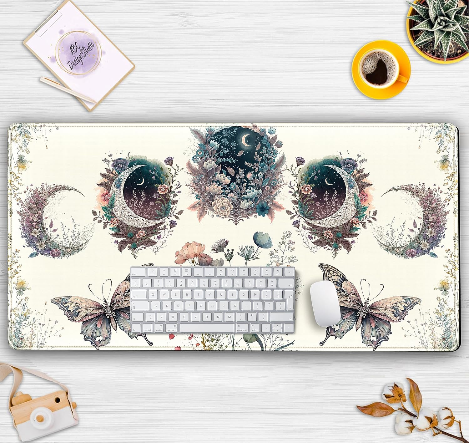 DCJJM Beige Flowers Desk Mat Mousepad Cute Boho Plants Large Extended Gaming Mouse Pad XXL, Aesthetics Floar Butterfly Moon Laptop Keyboard and for Office Gamer Decor, 31.5X15.75X0.12 in (DMXC08) - Beige Flowers image number 6