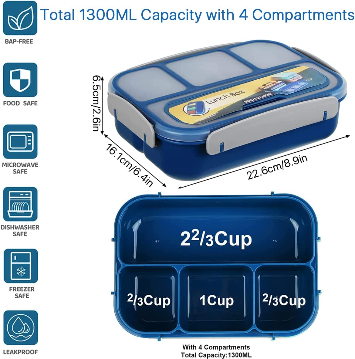 Bento Lunch Box, 1300Ml 16 Pcs Bento Box Adult Lunch Box,4 Compartment Bento Box Lunch Box Containers, Leak-Proof,Microwave/Dishwasher/Freezer Safe (Blue) image number 3