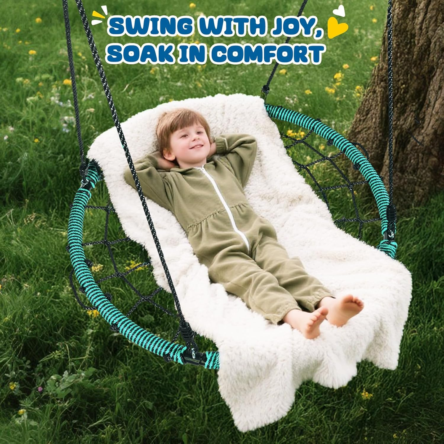 Trekassy 750Lbs Spider Web Saucer Tree Swing 40 Inch for Kids Adults, Outdoor Net Swing with Steel Frame and 2 Hanging Straps-Green image number 4