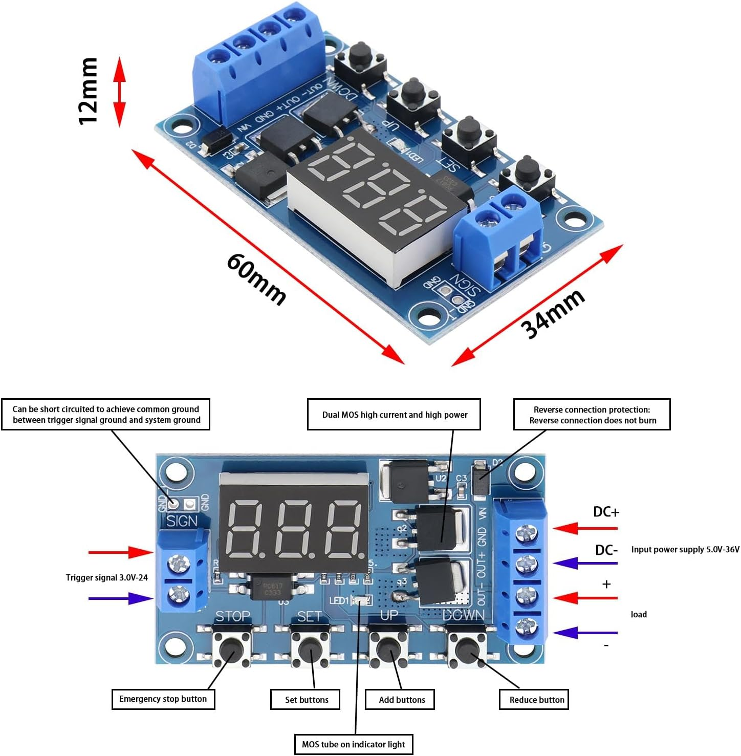 2Pcs DC5-36V Multi Function Delay Relay Module Dual MOS Trigger Digital LED Relay Board Cycle Delay Switch Timer Delay Controlling DC Motors Lights