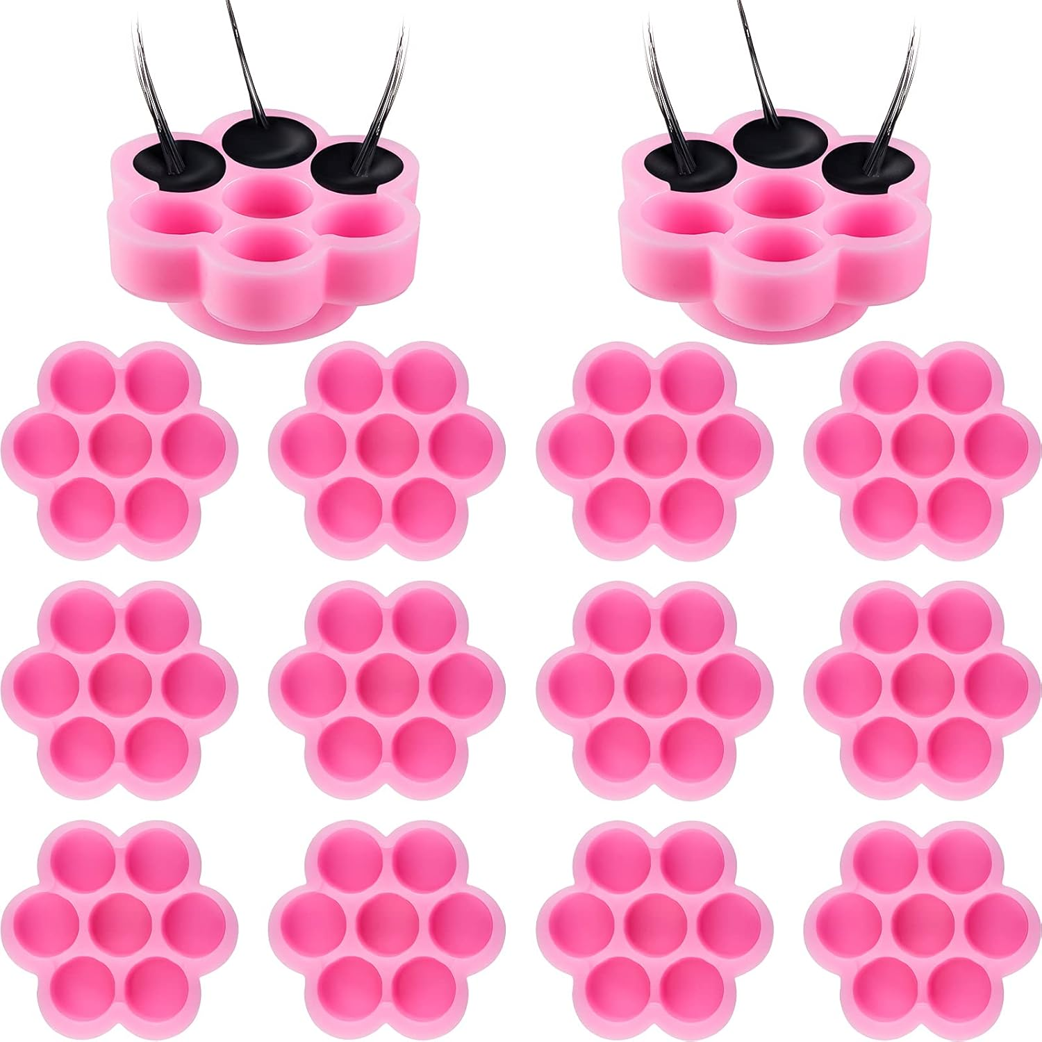 Maitys 200 Pcs Flower Glue Cup Lash Glue Holder Volume Eyelash Extension Flower Pallet Pad Easy Fan Eyelash Ring Cup Bulk for Women Girls Extension Lashing Supply Kit(Pink)