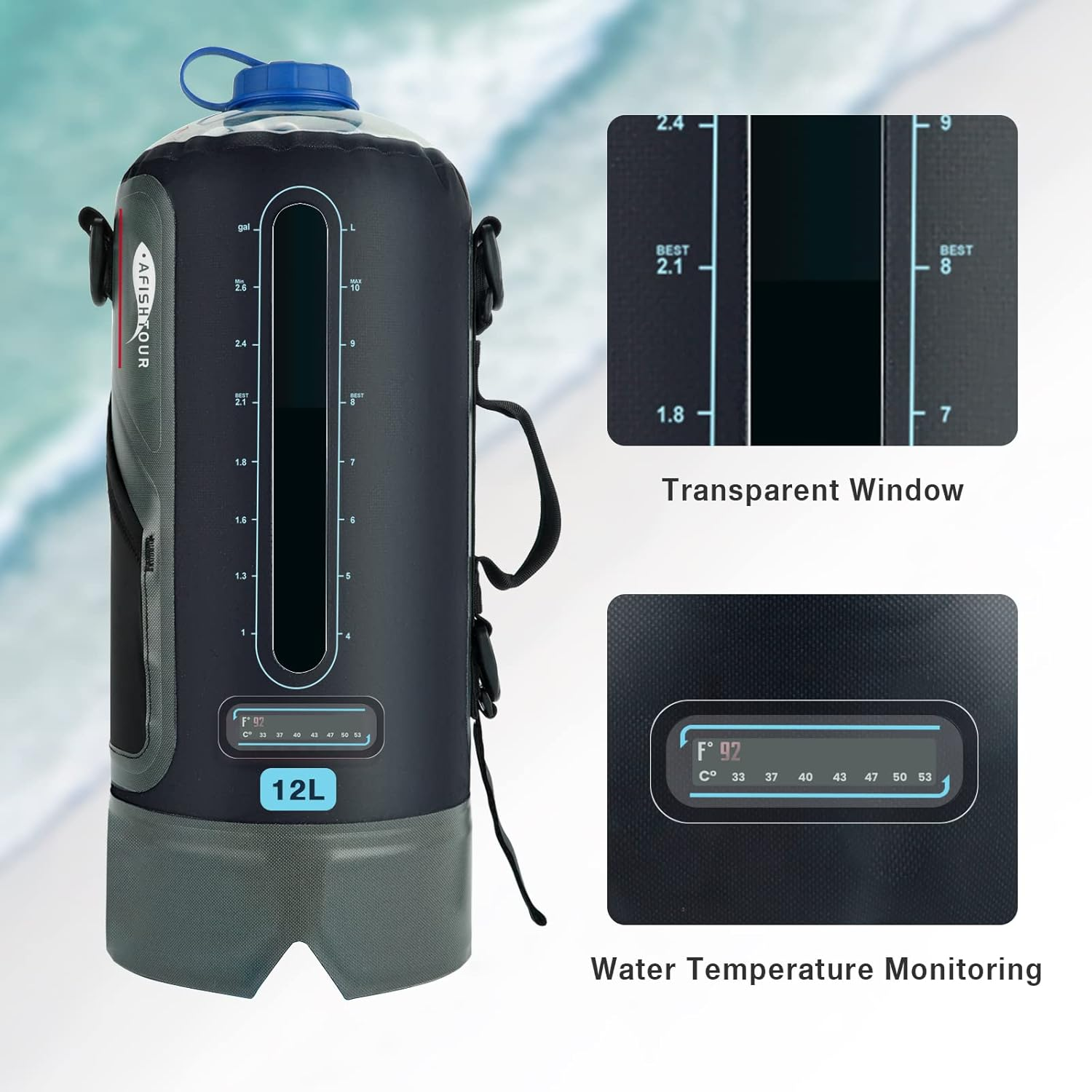 Portable Camping Shower Bag, Camping Accessories for Camping Shower, 12L/3.17 Gallons Solar Waterproof Portable outside Shower Bag with Portable Water Pump and Shower Head Hose image number 1