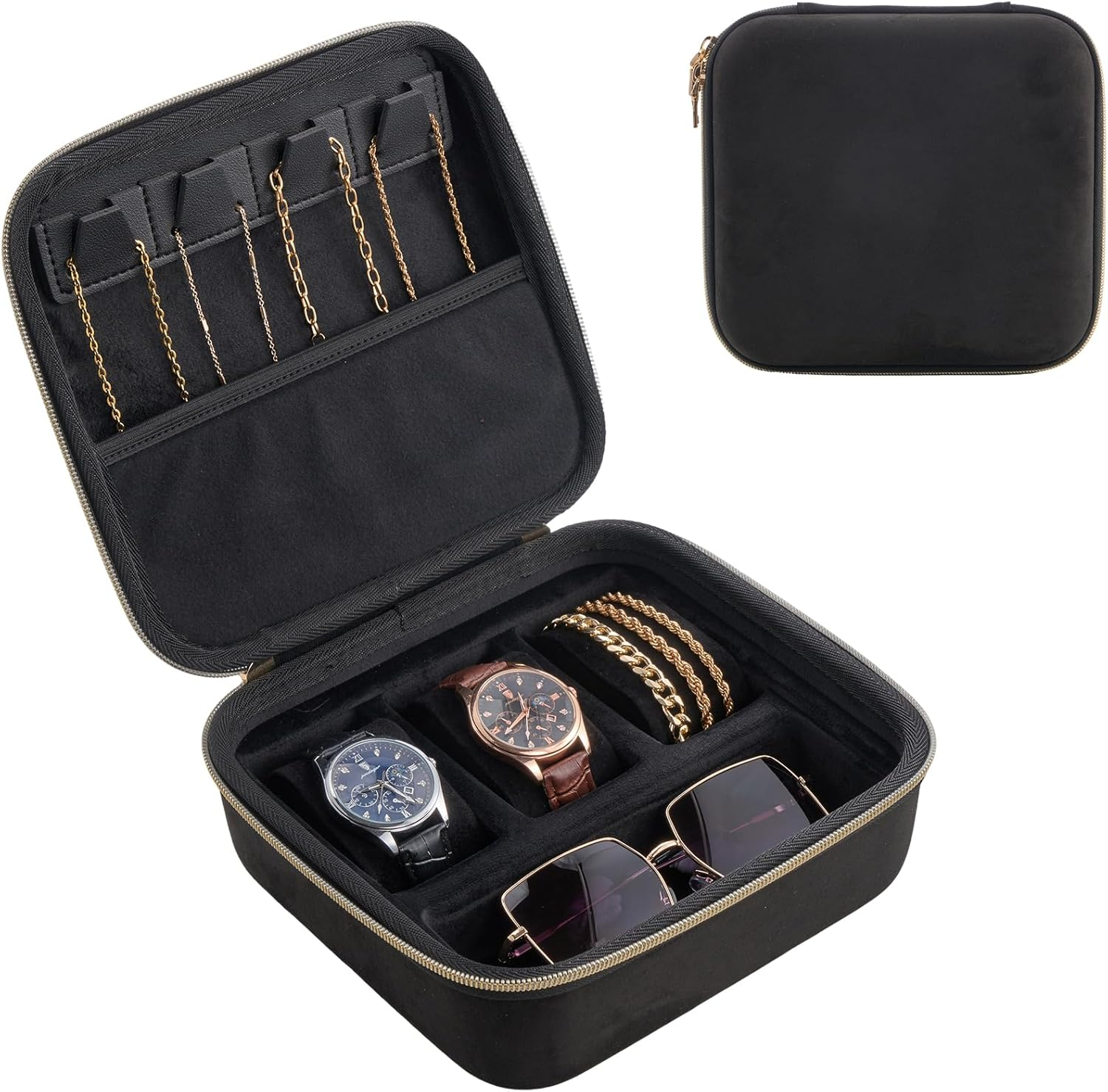 Procase Mens Medium Jewelry Storage Case, 3 Slots Travel Watch Accessories Carrying Box, Glasses Necklaces Rings Bracelets Zippered Organizer Bag for Male -Black image number 2