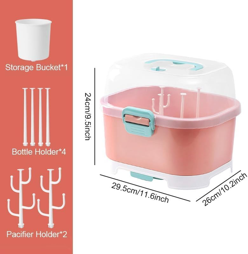 Baby Bottle Holder, Portable Large Capacity Toddler Bottles Storage Box with Lid Cover Anti-Dust Protection and Cutlery Storage Baby Bottle Drying Rack for Baby at Home Kitchen Travel Outdoors (Pink) image number 1