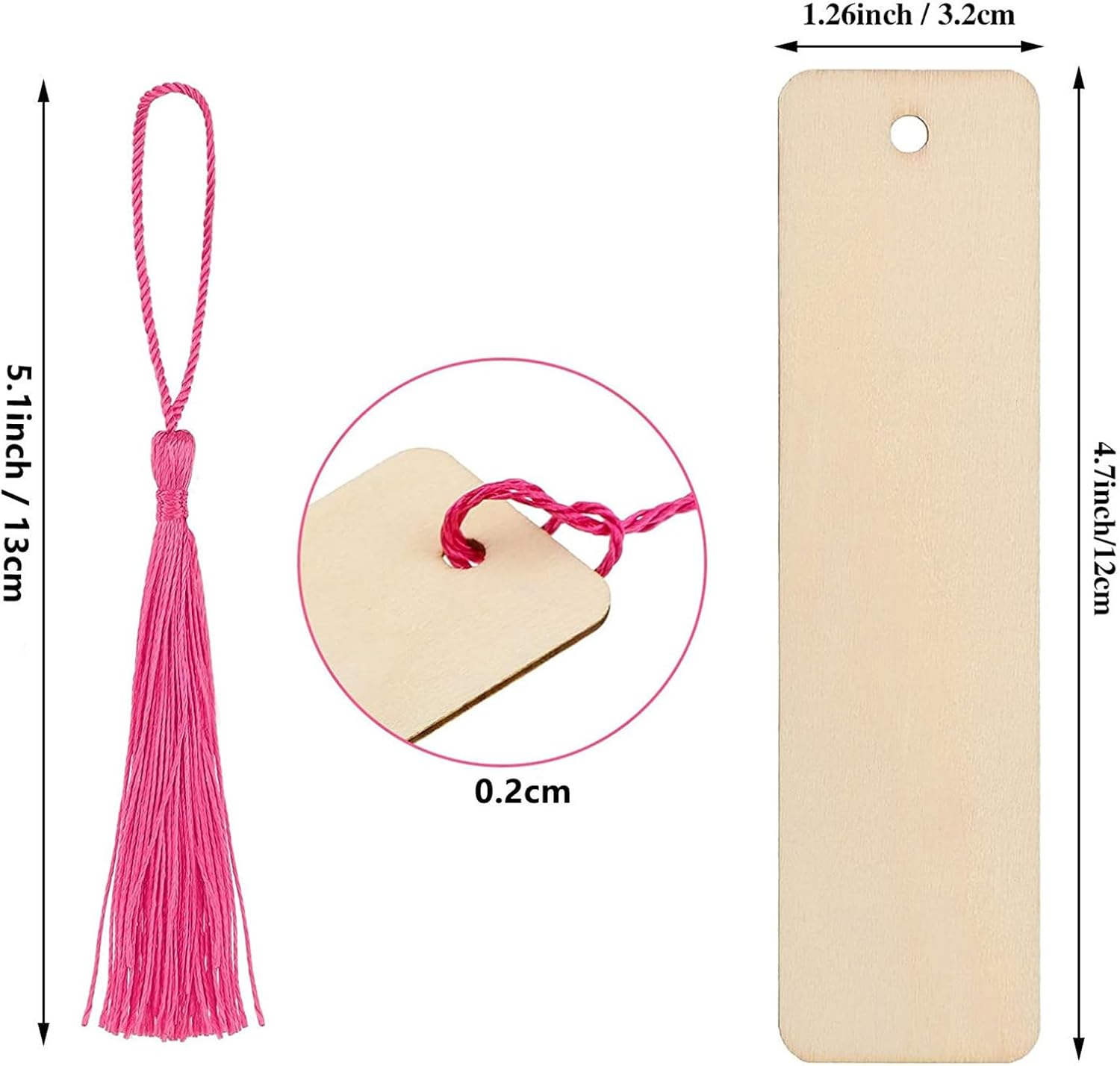 50 Pieces Wood Blank Bookmarks Set with 50 Pieces Colorful Tassels, for DIY Craft Wedding Birthday Party Decor Classroom Projects and Gifts Tags image number 2