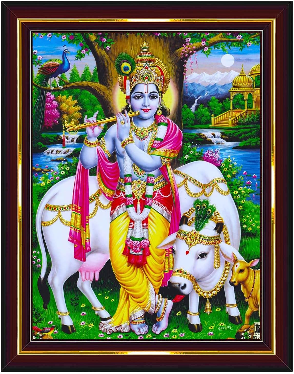 Lord Gopala Krishna Murali Gopal Cow Calf Wall Painting Framed Home Decor (Wood,Matte,Brown,Small Size,6 X 8 Inch) B683S image number 5