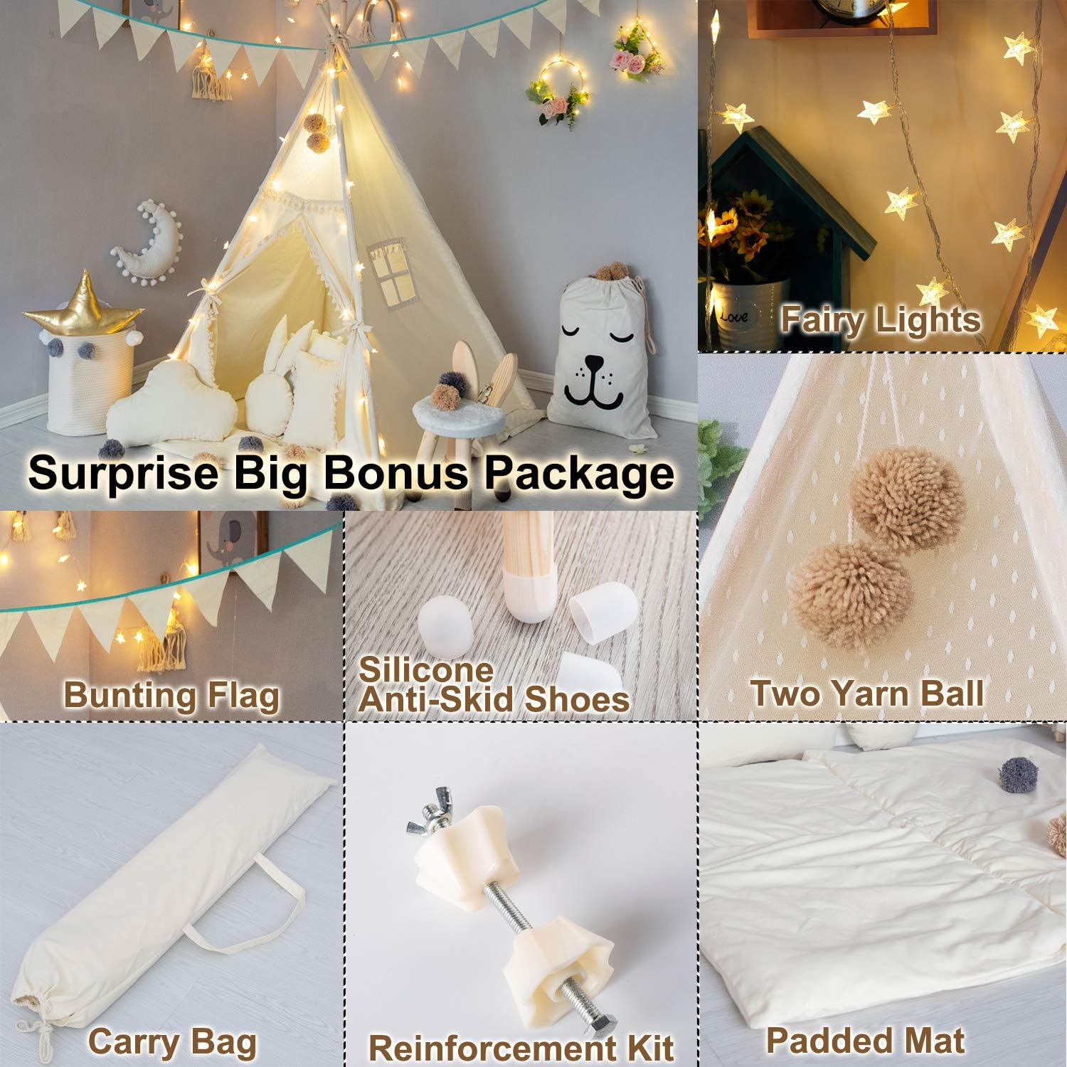 Kids Teepee Tent with Padded Mat, Banner, Fairy Lights, Yarn Ball, Carry Bag, Beige Cotton Canvas Play Tent for Child with Tassels Lace, Play House Tipi for Kids Room Decor image number 2