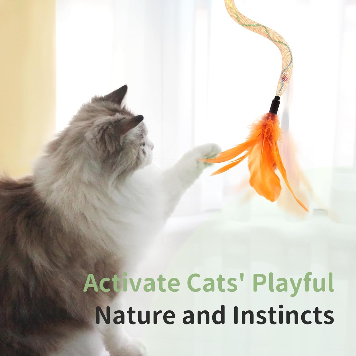 SONGWAY Cat Rainbow Wand Toy - Rainbow Cat Feather Toys with Bells, Colorful Mesh Teaser Wand with Feather Tail, Interactive Toys for Indoor Cats Kittens, Light Color image number 6