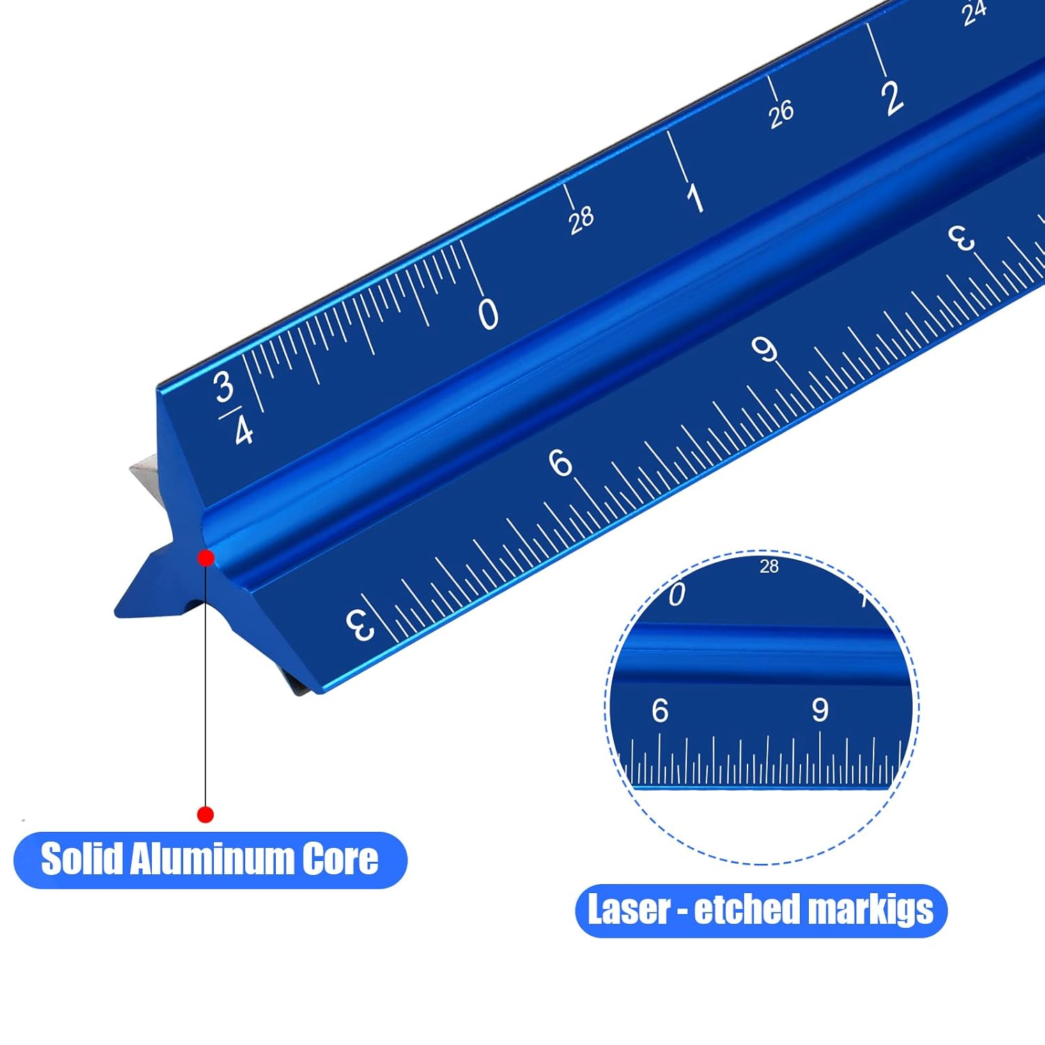 12" Architectural Scale Ruler, Aluminum Scale, Triangular Ruler, Scale Ruler for Blueprint Imperial Measurements for Architects Engineering Artists, Draftsman Drawing, Laser-Etched Markings.(Blue)