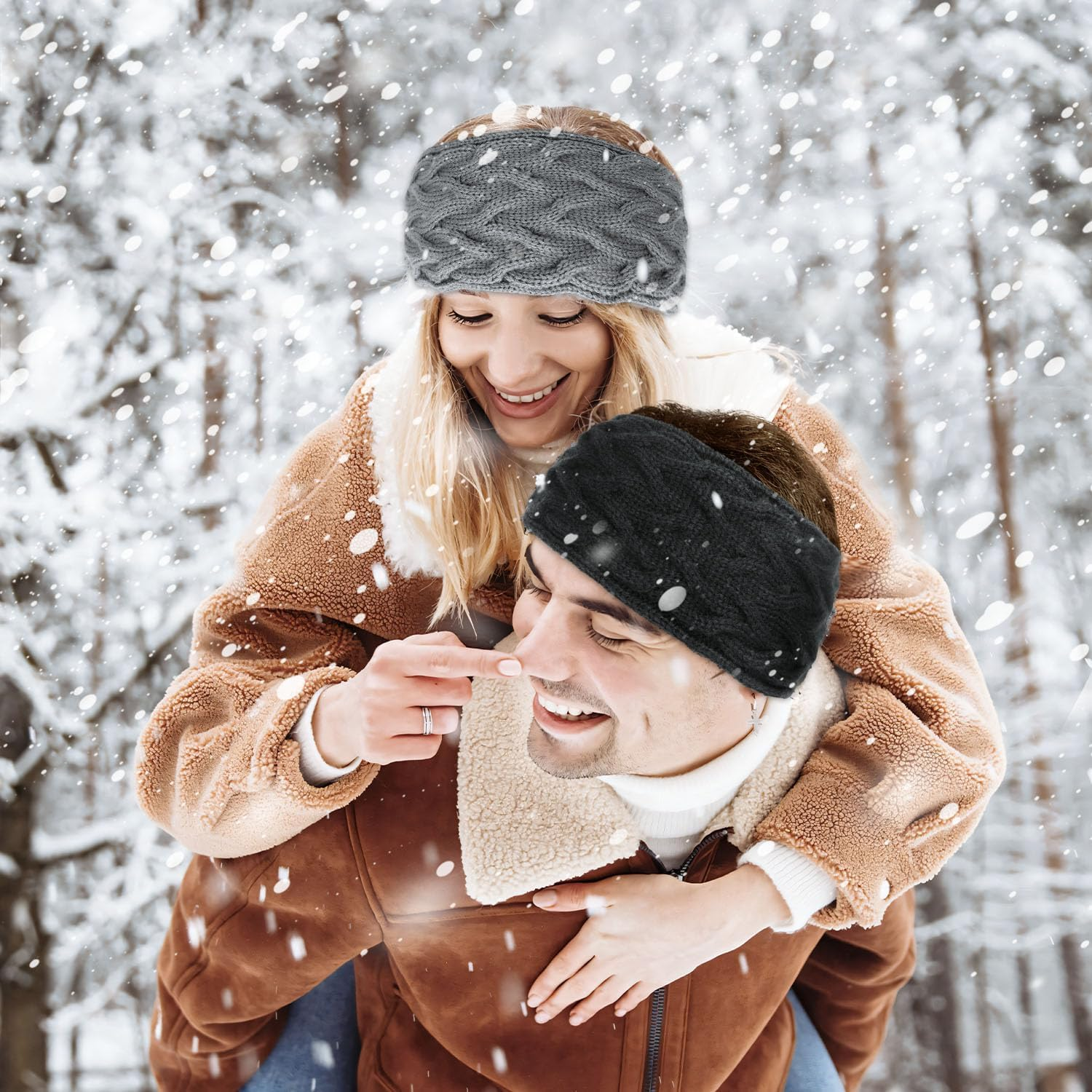 Estefanlo Women'S Winter Headbands, Pack of 2, Knitted Lined with Fleece, Ear Warmers, Headband, Hair Band, Thick for Women and Girls (Black + Grey) image number 3