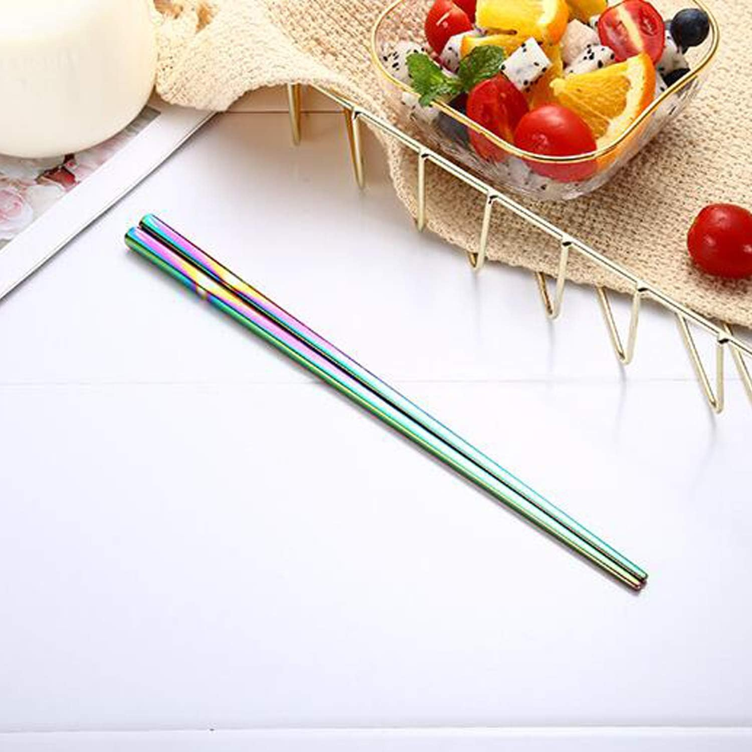 304 Stainless Steel Chopsticks - 5 Pairs Dazzling Reusable Dishwasher Safe Metal Chopsticks - Square Lightweight Chop Sticks - Easy to Use and Clean (No Color Fading)