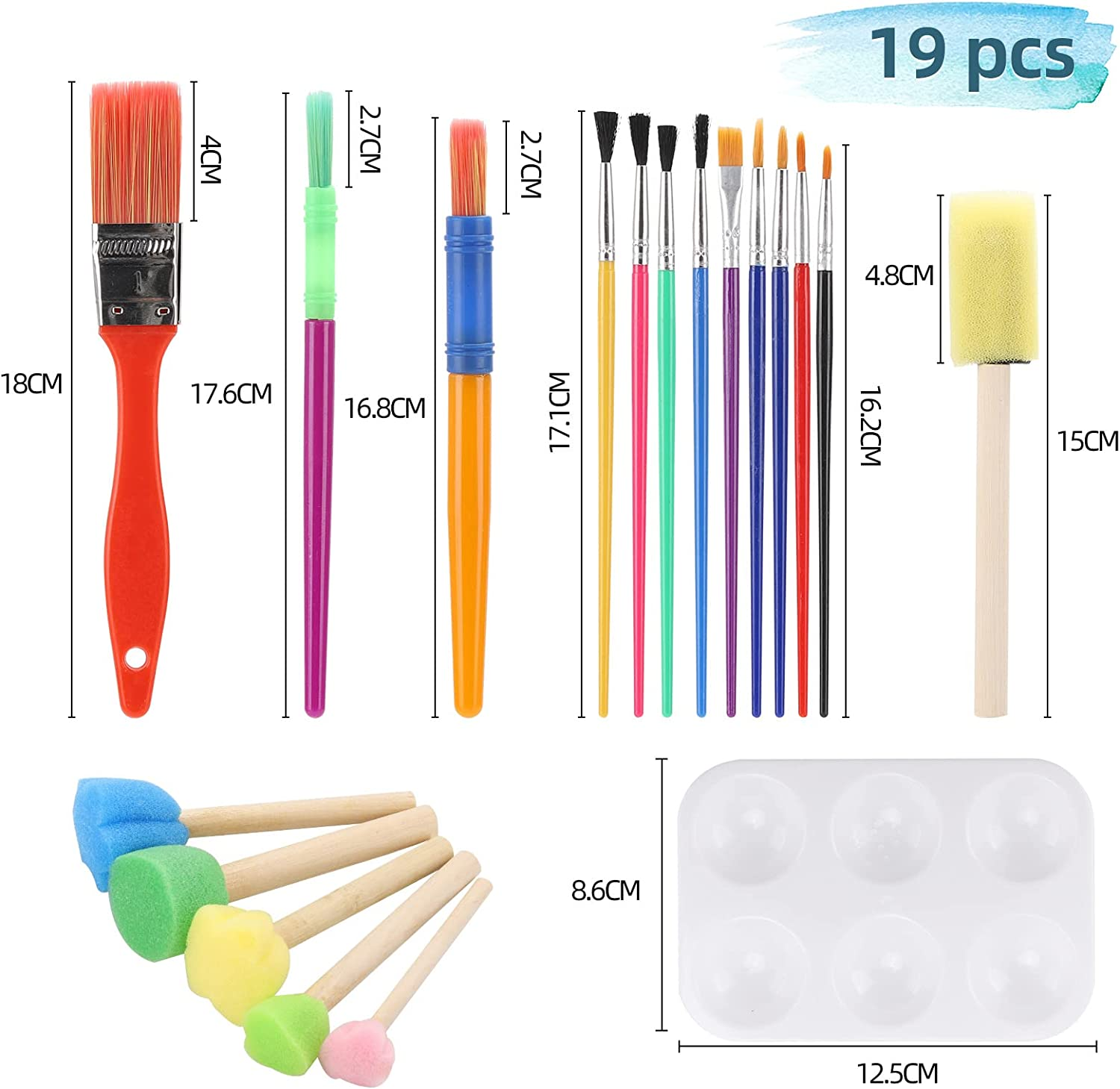 19 Pcs Kids Paint Brush Set with Plastic Paint Pallete - All-Purpose Paint Brushes for Kids or Students to Paints on School Project or Art Class image number 3