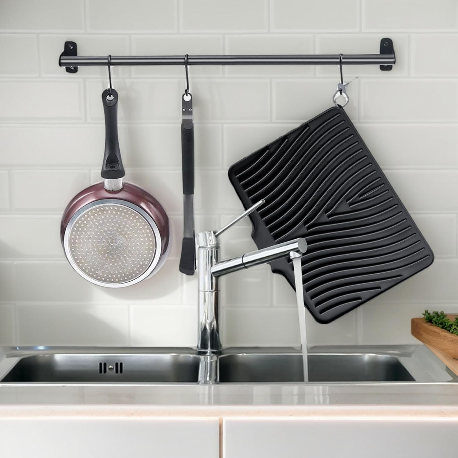 Silicone Dish Drying Mat for Kitchen Counter Non-Slip Pad with Built-In Drain Sink (Black) image number 2