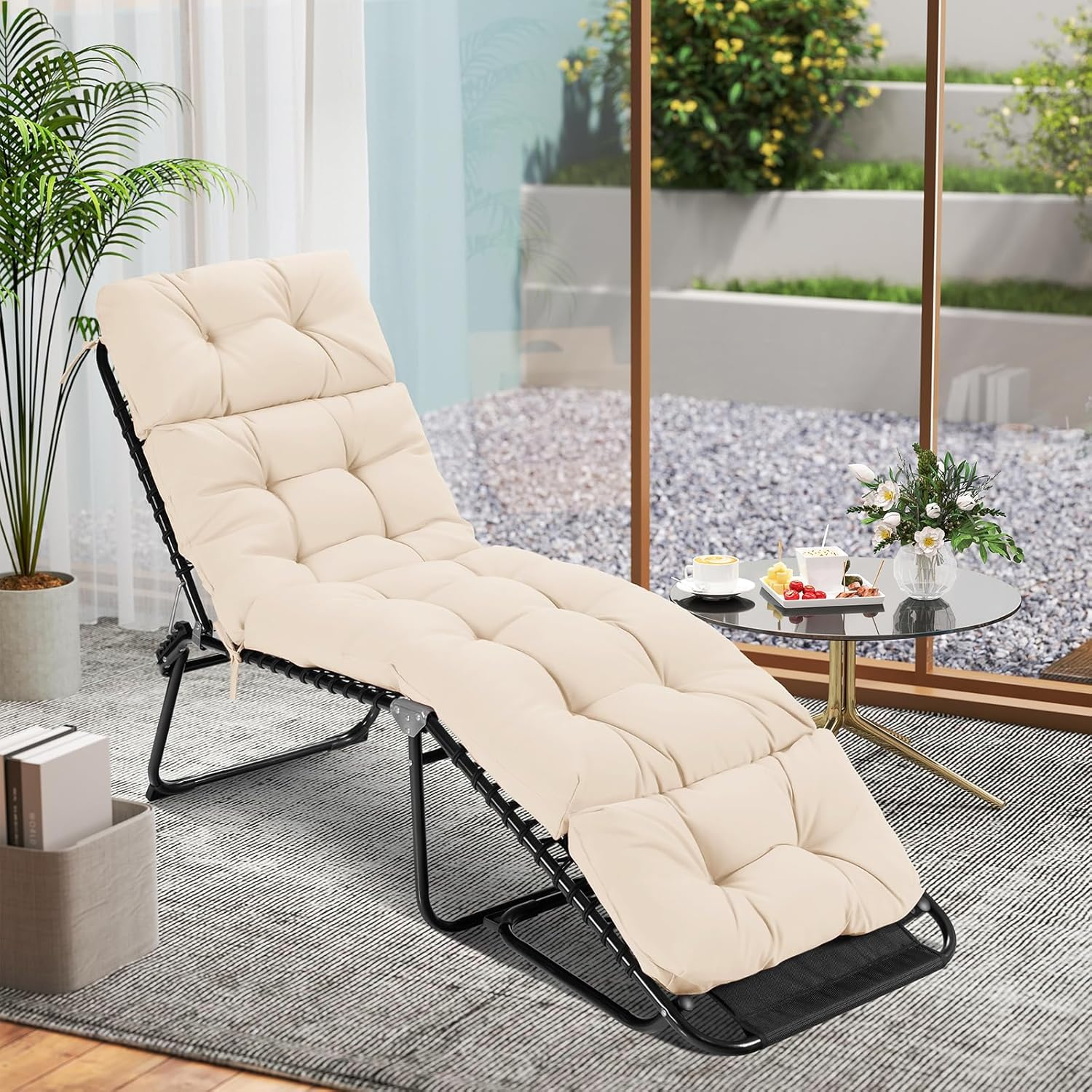 Costway Sunlounger Chair Cushion, High Back Recliner Cushion with 4 Fixing Ties, Thick Padded Reclining Chair Rocking Cushion for Outdoor Indoor (Only Cushion) (1, Beige, 186 X 56 X 11 Cm) image number 3