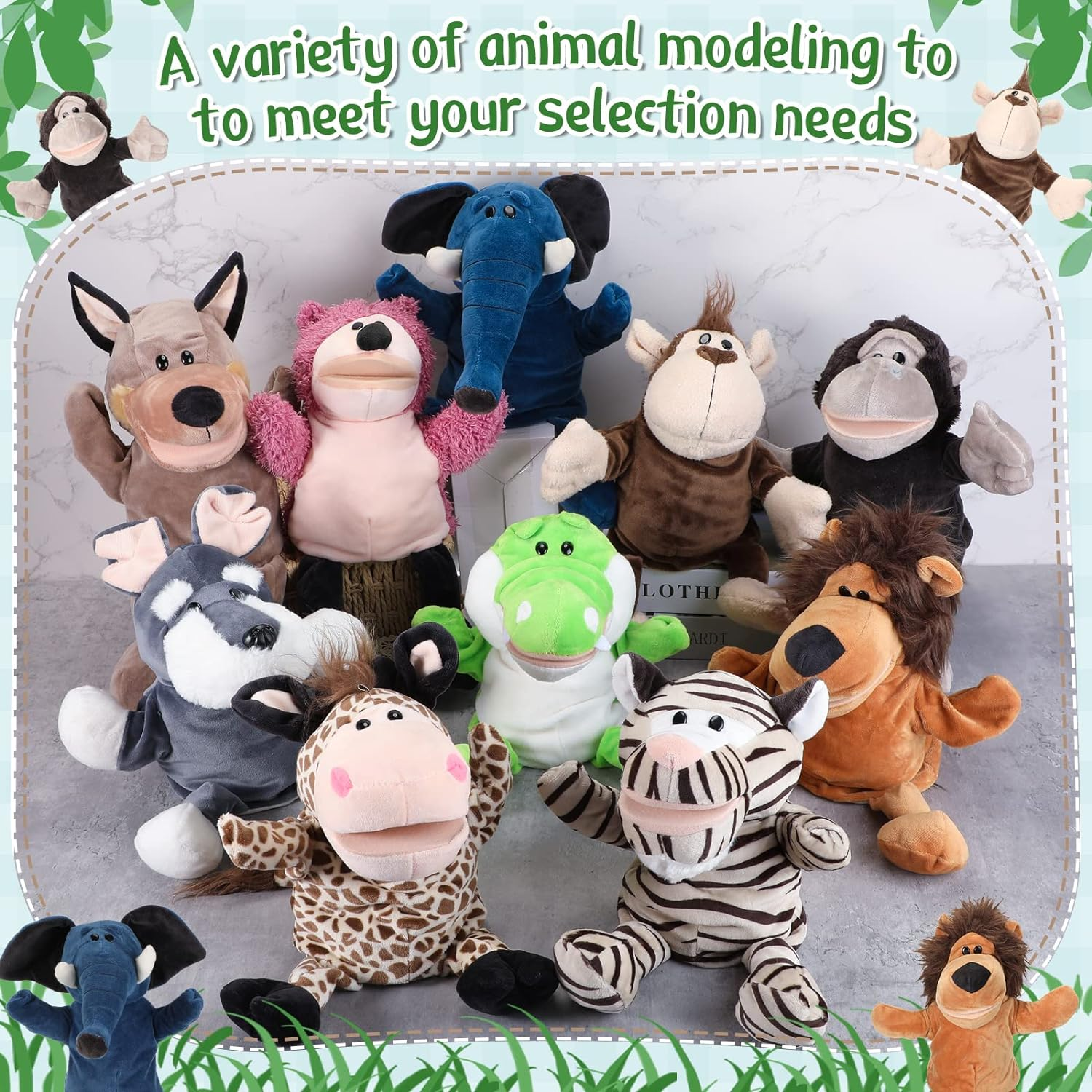 Wettarn 10 Pcs Animal Hand Puppets 12 Inch Soft Plush Lion Orangutan Giraffe Tiger Monkey for Boys and Girls Storytelling, Teaching, Role Playing image number 5