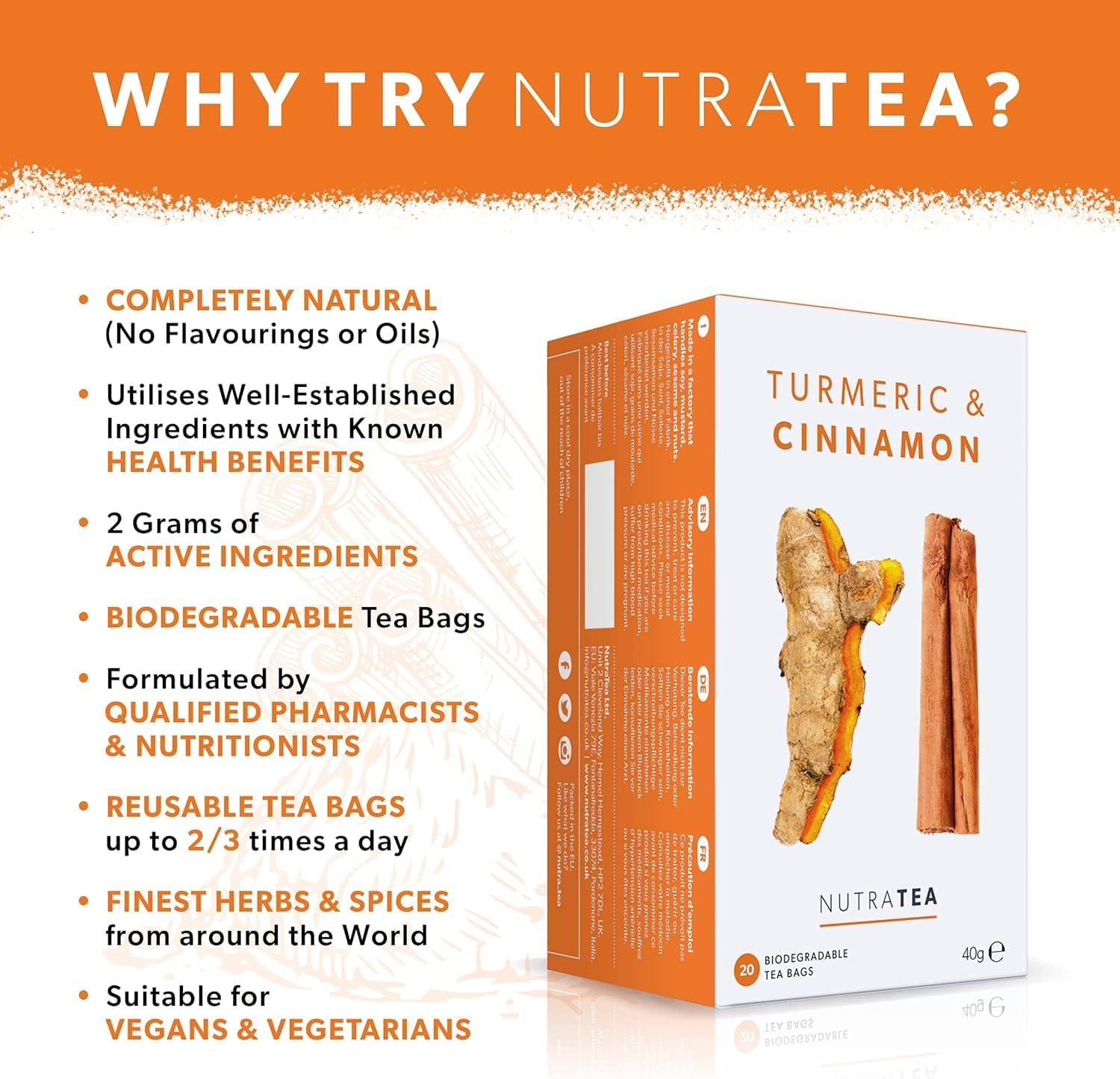 Nutra Tea - Turmeric & Cinnamon Tea - 20 Tea Bags - Herbal Tea image number 4