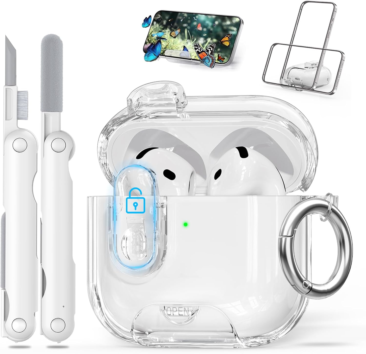 For Airpods 4 Case Cover（2024） with Lock & Phone Stand,Soft TPU Transparent Protective Case for Airpod 4Th Anc（Active Noise Cancellation） for Women&Man with Cleaning Kit and Keychain image number 4