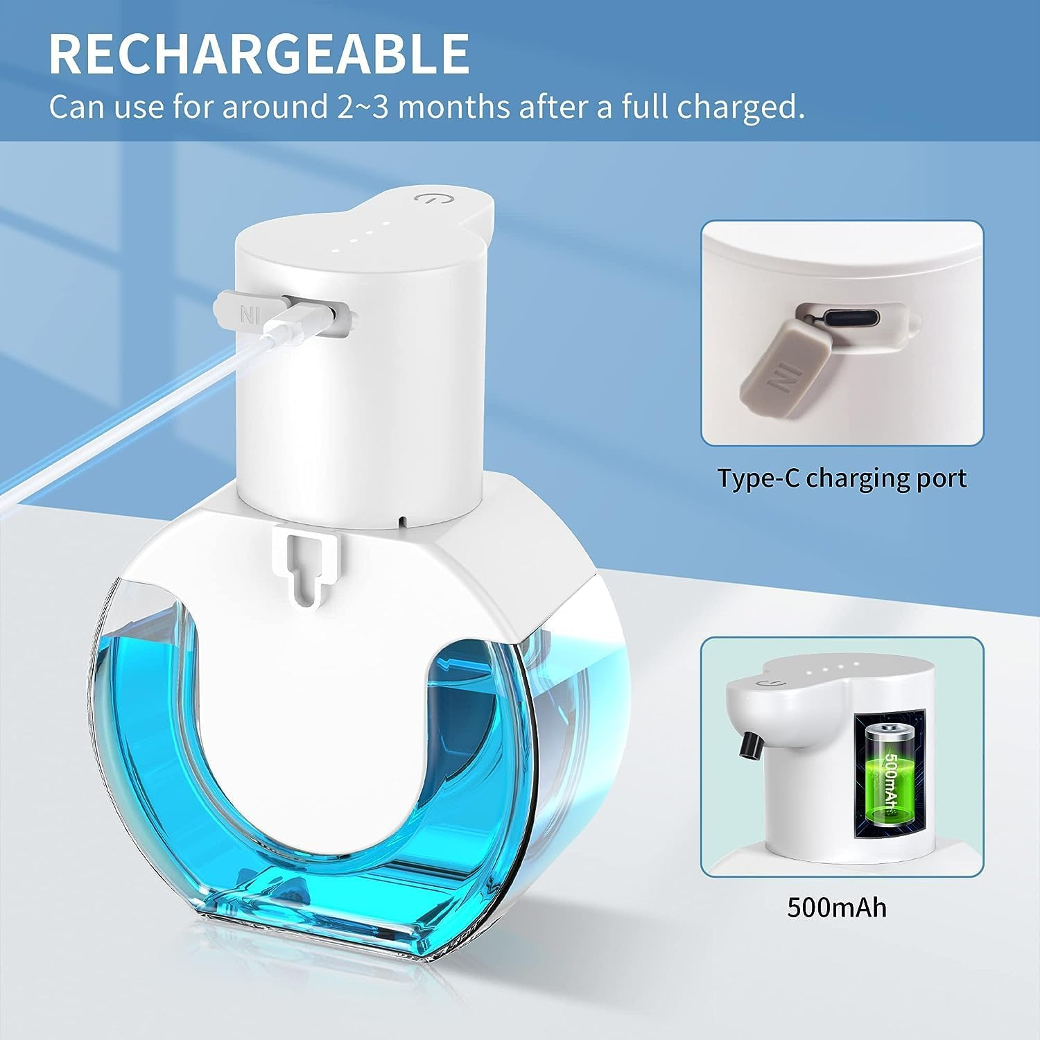 Automatic Foam Soap Dispenser, 420ML Infrared Hand-Free Touchless Soap Dispenser, Dish Liquid Shampoo Rechargeable Auto Hand Soap Dispenser (Foam Soap) image number 3
