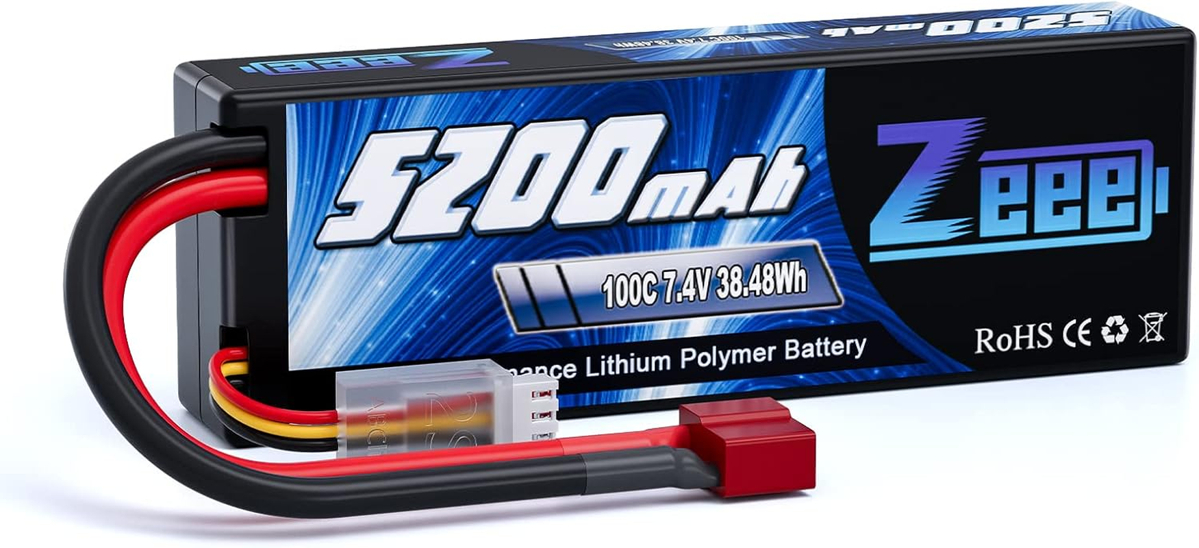 Zeee 2S Lipo Battery 7.4V 100C 5200Mah Hard Case with T Connector for 1/8 1/10 RC Vehicles Car Trucks Airplane Boats image number 1