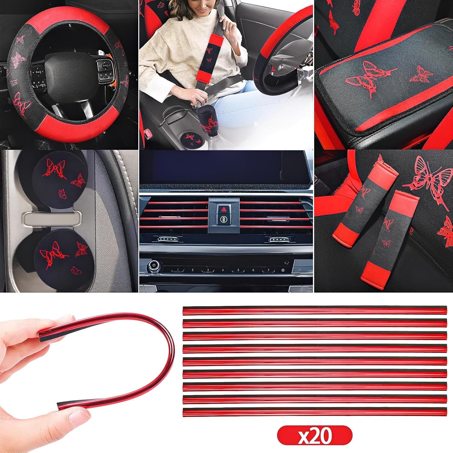 BBTO 43 Pcs Butterfly Car Seat Full Set Butterfly Car Accessories for Women 5 Front Rear Seat Covers Wrist Strap 2 Pieces Cup Mat Armrest Pad 2 Seat Belt Cover Accessories for SUV Car (Red, Black)