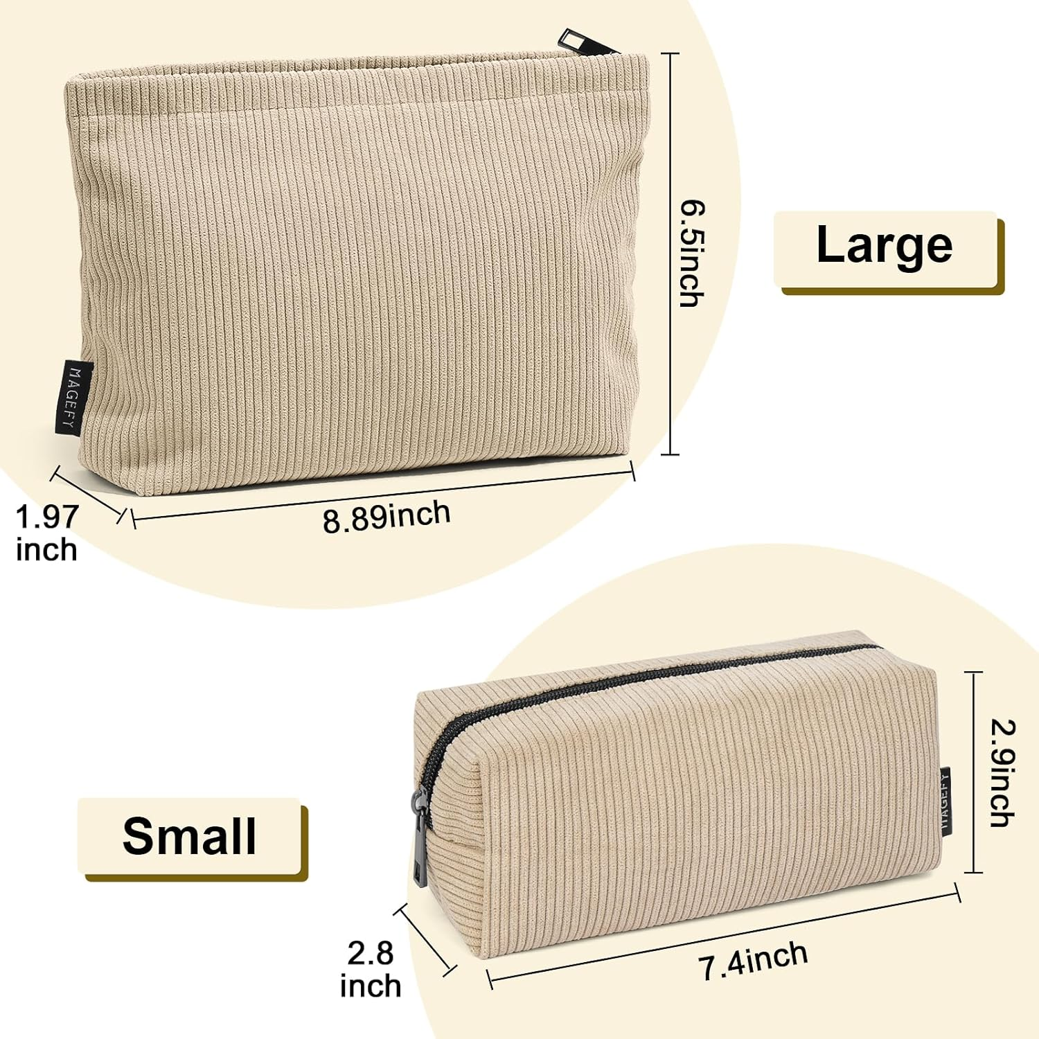 MAGEFY 2 Pcs Makeup Bags for Women, Corduroy Make up Bag for Purse Travel Makeup Bag Small Cosmetic Bags with Zipper Makeup Pouch for Travelling(Beige) image number 3