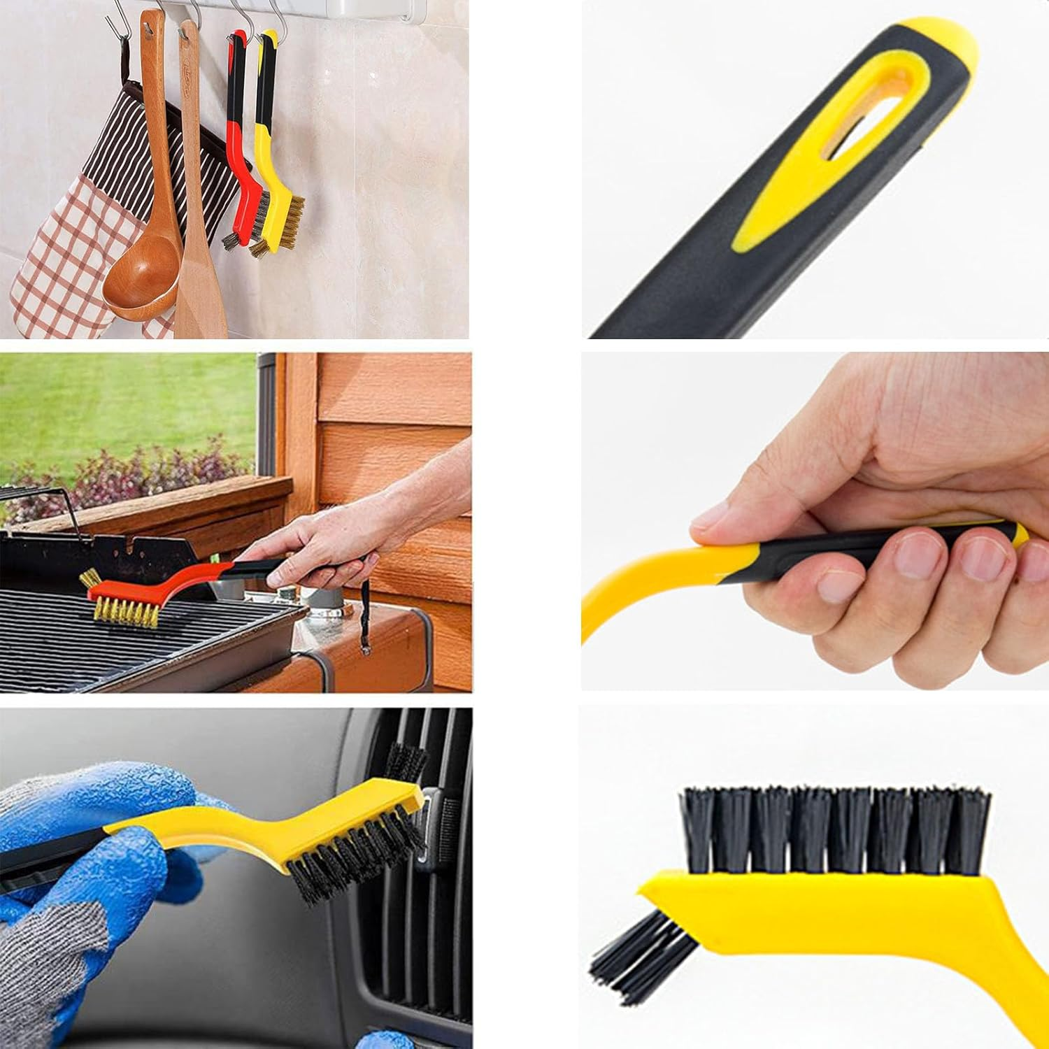 Wire Brush Set 5Pcs - Nylon/Brass/Stainless Steel Bristles with Curved Handle Grip,Rust Removal,Grill Cleaner,Paint Scrubbing Double-Ended Cleaning Brush and Picks Set