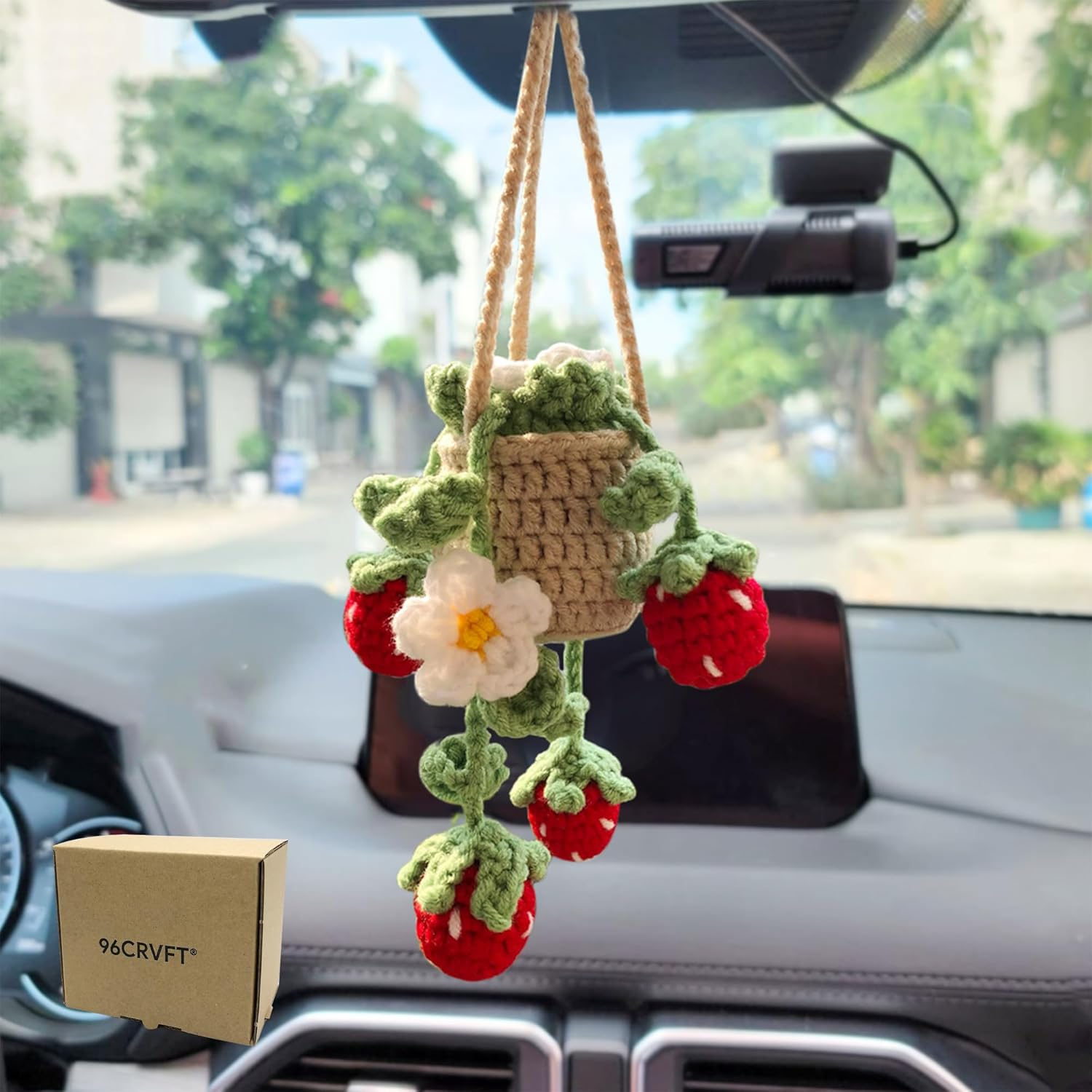 Cute Crochet Daisy Strawberry Hanging Plant for Car Accessories, Aesthetic Decor Rear View Mirror Hanging Ornament for Women and Men, Handmade Cute Car Interior Decor Accessories Gift