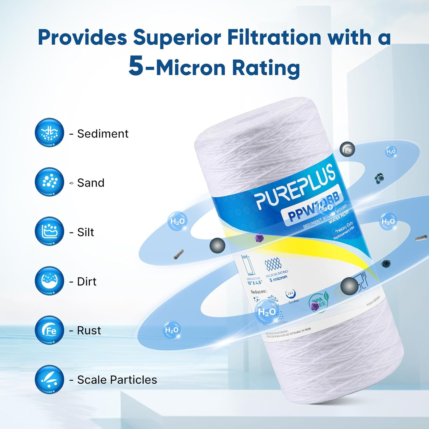 PUREPLUS 5 Micron 10 X 4.5 Whole House String Wound Sediment Filter for Well Water, Replacement Cartridge for 84637, WPX5BB97P, PC10, 355214-45, 355215-45, WP10BB97P, WP5BB97P, 4Pack image number 5