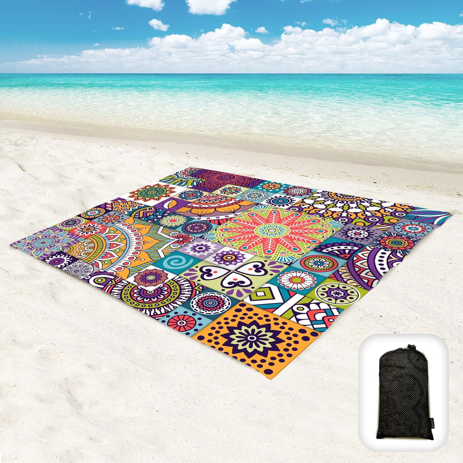 Beach Blanket Waterproof Sandproof Oversized 95&rdquo;X 80&rdquo;,Sand Free Beach Mat with Corner Pockets,Portable Mesh Bag for Beach Festival,Picnic,Travel and Outdoor Camping (Seaturtle)