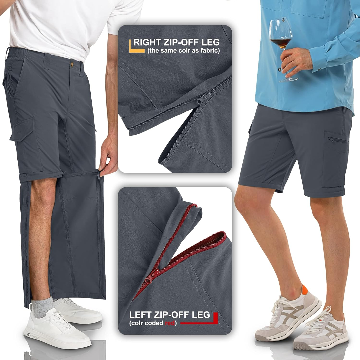 33,000Ft Men'S Zip-Off Hiking Trousers Quick Dry Stretch Walking Pants Convertible into Shorts Lightweight Cargo Trousers for Camping, Fishing, Travelling image number 3