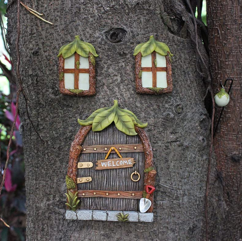 4Pcs Fairy Door Kit,Fairy Door and Windows Kit for Trees Outdoor Glow in the Dark, Fairy Tree Decorations, Garden Decor Door Windows and Lantern, Wall and Trees Outdoor