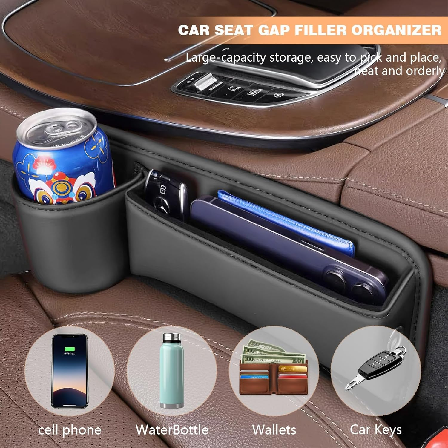 2PCS Car Seat Gap Fillers and Organizer,Multi-Functional PU Leather Storage Box with Cup Holder for Car,Perfect for Storing Phone,Currency,Cards,And Keys in between Seats image number 4