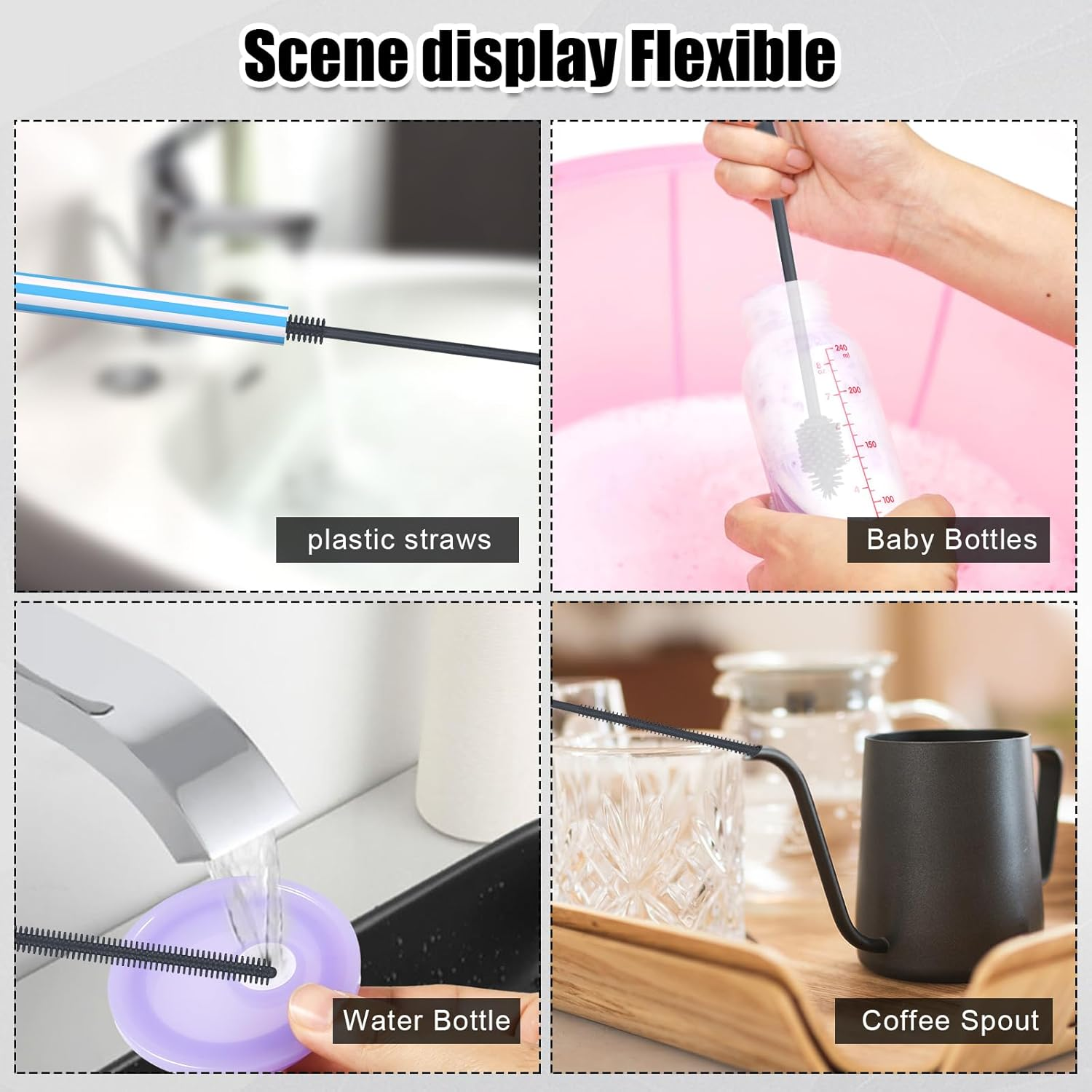 3Pcs Straw Cleaner and Bottle Brush Set, Silicone BPA Free Reusable Bottle Washing Accessories for Cans Tumblers (Grey) - Blue image number 4