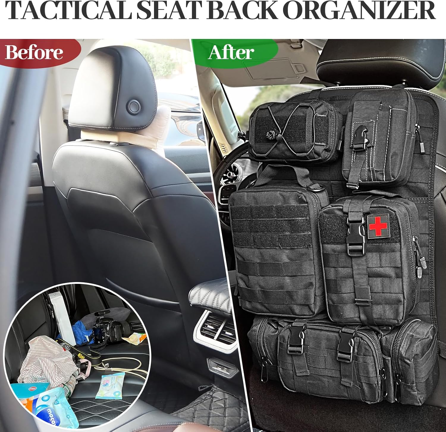 Tactical Molle Car Seat Back Organizer, Tactical Bag with 5 Mole Bags for Backseat, Multifunctional Car Seat Organiser Fits All Vehicles, Portable Outdoor Organizer for Car Truck Ford Jeep Vehicle image number 1