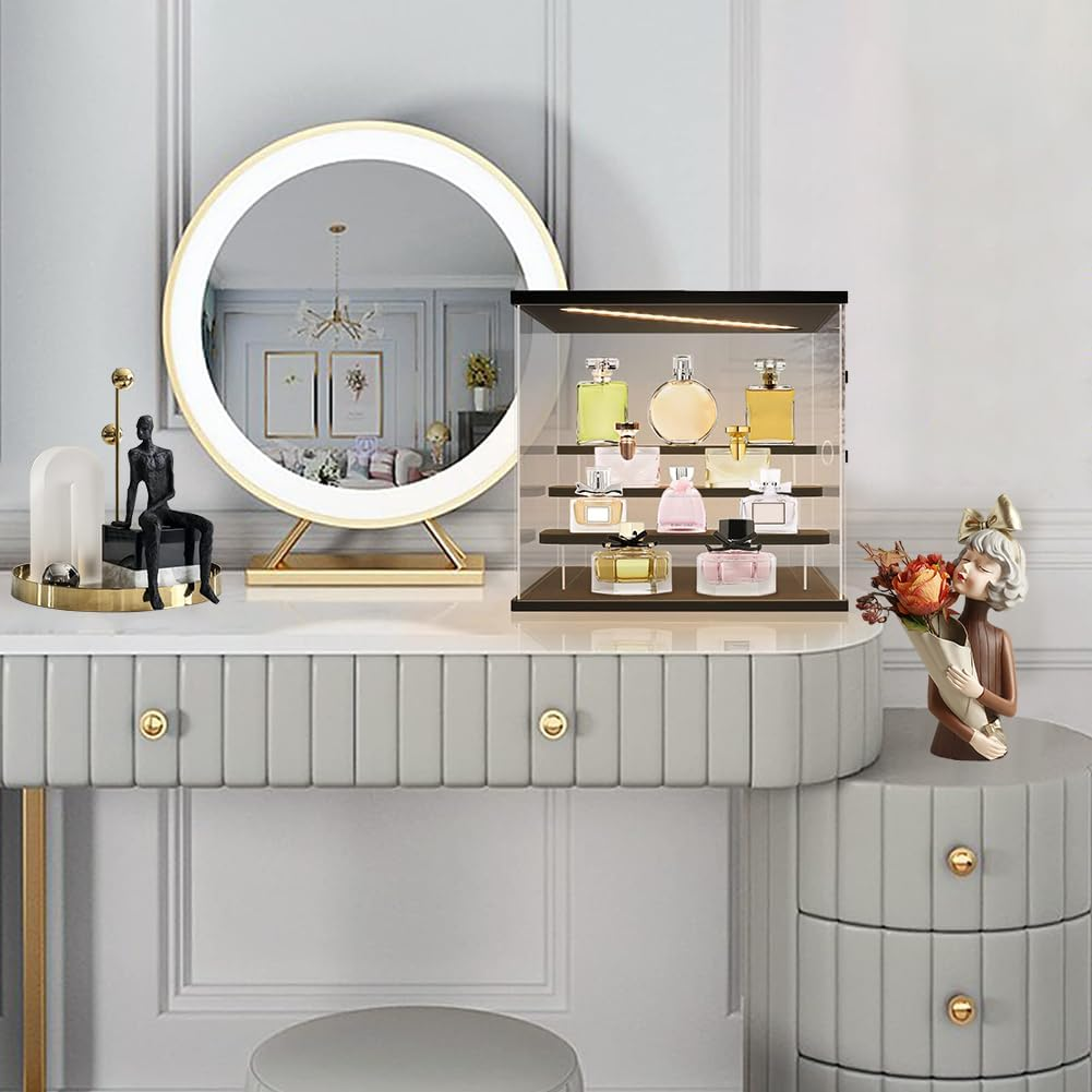 Clear Acrylic Display Case with 3-Color Light,4 Level Stand Display Box with Wooden Base Countertop Dustproof Showcase for Display Collectible Pop Figures and Toys,Toys Not (4 Tier Black) - 4 Tier Black image number 3