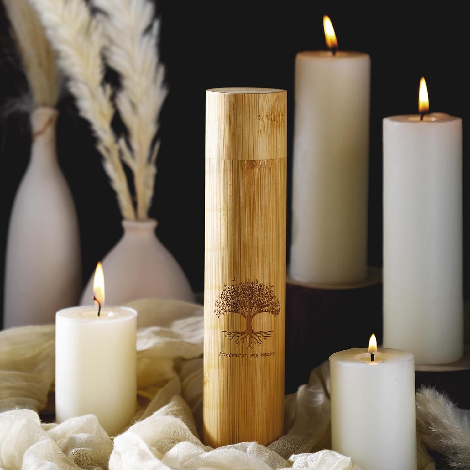 Thyle 2 Set Bamboo Scattering Urns for Ashes 9'' X 2'' Biodegradable Scattering Cremation Tubes for Human Adult Tree Small Tube Keepsake Urn and Black Velvet Bag for Spreading Human Pet Dog Cat Ashes