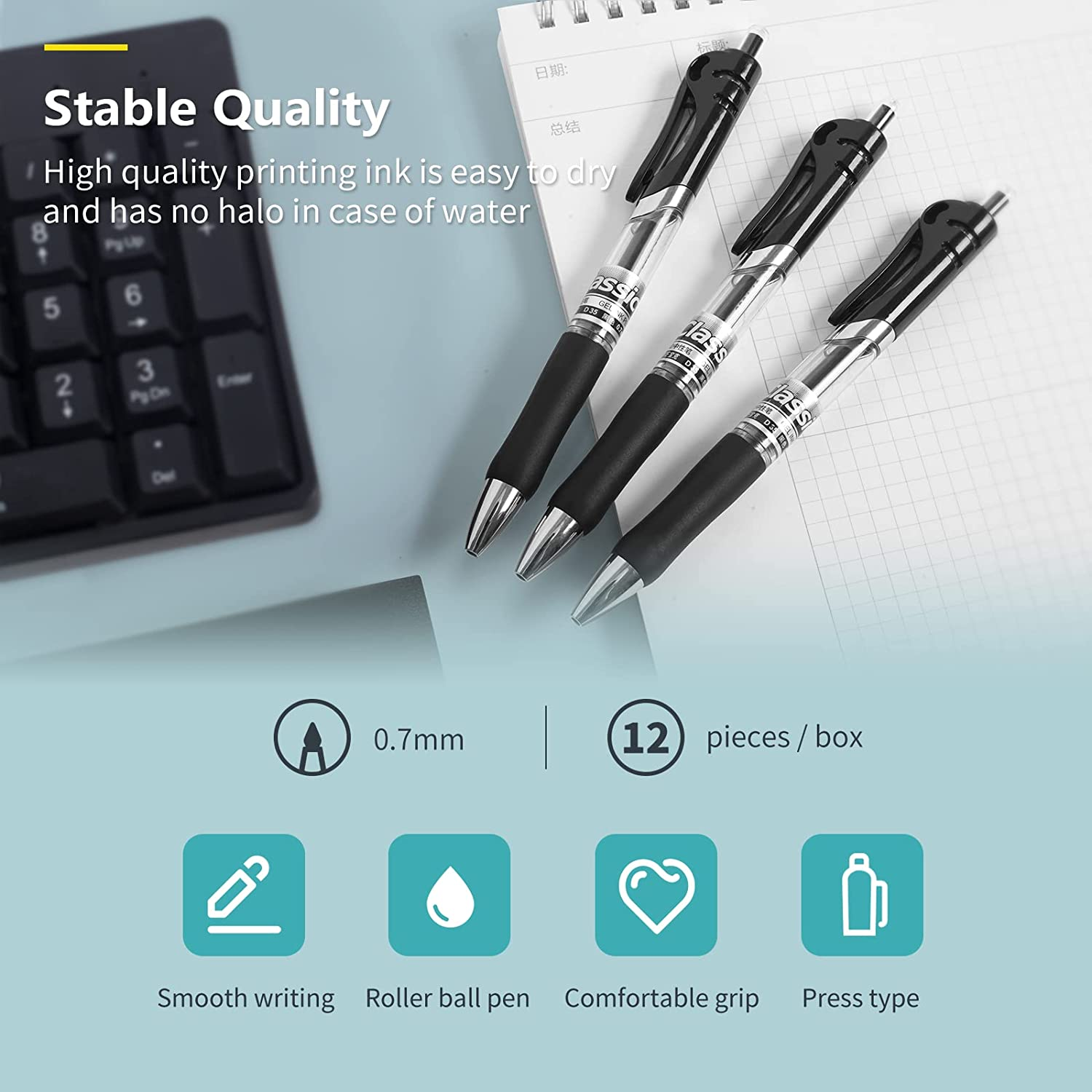 Gel Pens, Retractable Rolling Ball Gel Pens, Writing Smoothly, Large Capacity, Suitable for Working or Studying, 12-Pack, 0.7Mm (Black) image number 3