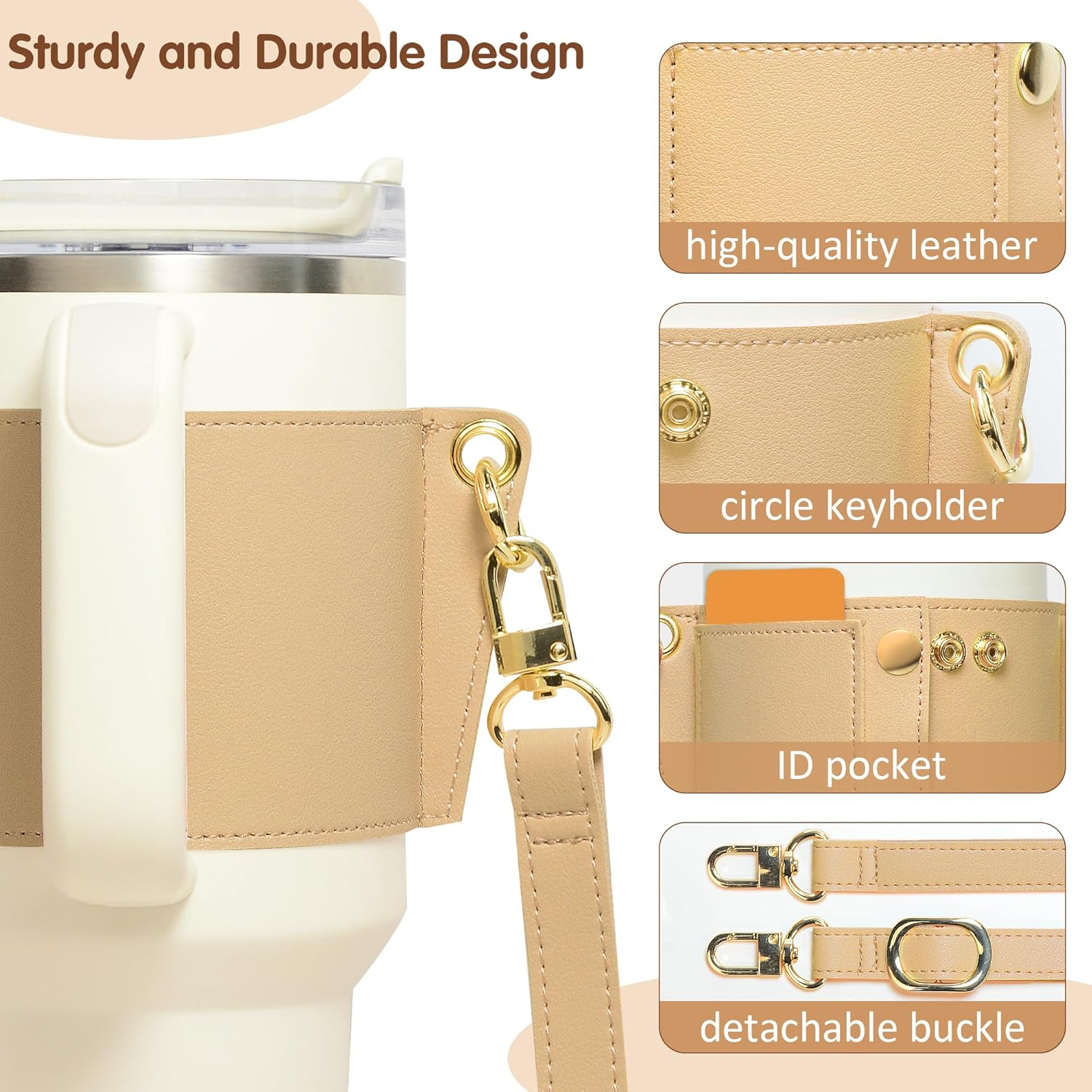 Water Bottle Holder - Carrier Strap for Stanley 40 Oz & 30 Oz Tumbler with Handle, for Stanley Cup Accessories, Adjustable Strap, Credit Card Holder, Keyring, Straw Cover (Khaki)