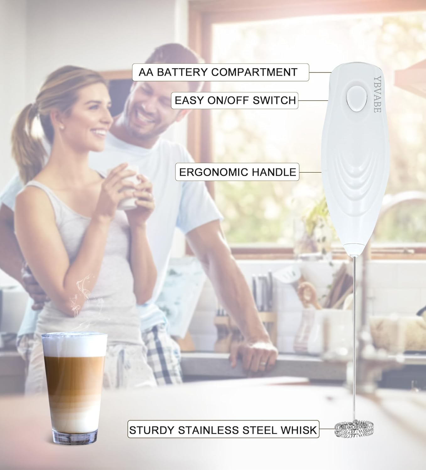 YBVABE Milk Frother Handheld - Portable Coffee Stirrer for Milk Froth, Matcha Whisk with High Powered Improved Motor, Mini Whisk Electric Chocolate Shaker, Drink Mixer for Cappuccino, Frother Maker image number 6