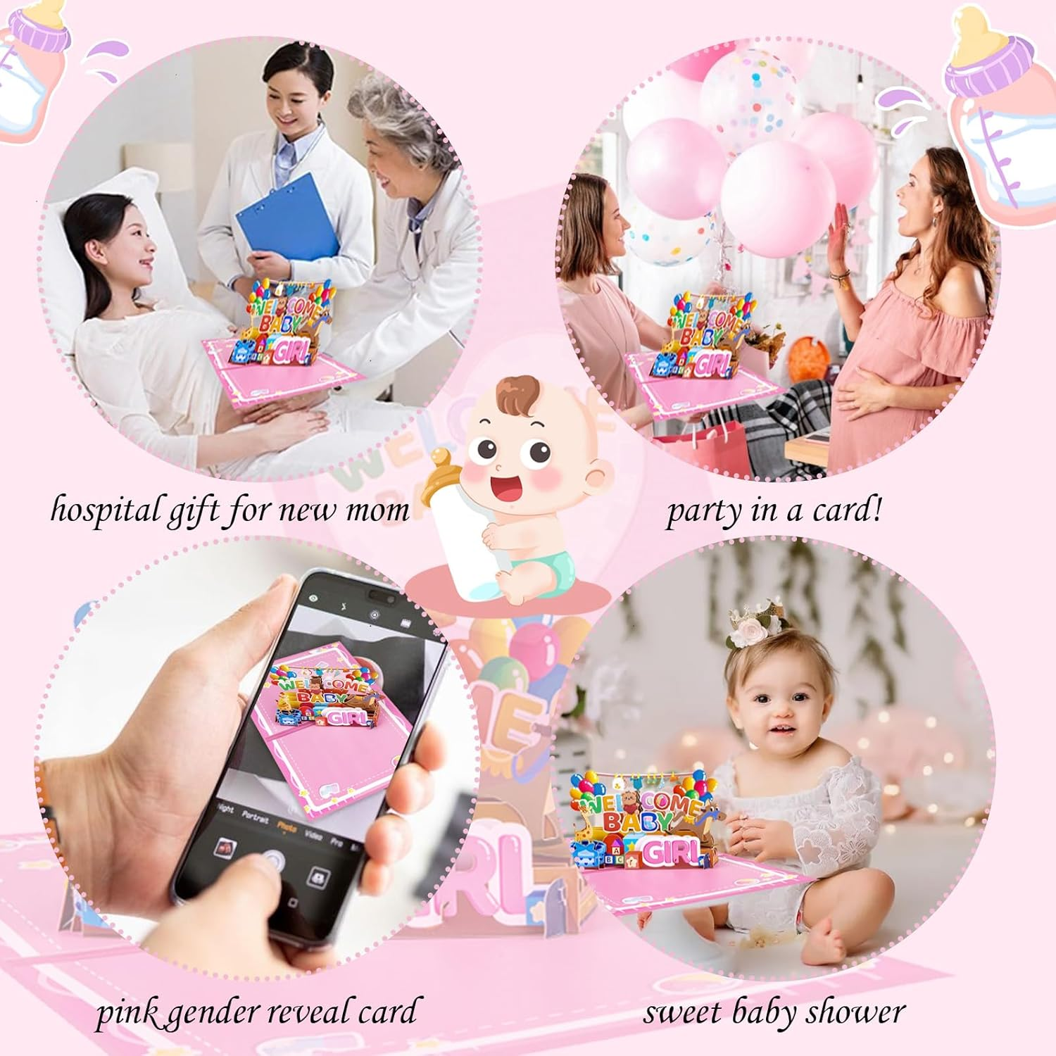New Baby Girl Card - "Welcome Baby Girl" 3D Pop-Up Shower Card with Gifts & Animals, Pink Gender Reveal Greeting Card for Newborn - Includes Blessing Tag & Envelope (7.87"X5.91") - Baby Blue image number 2