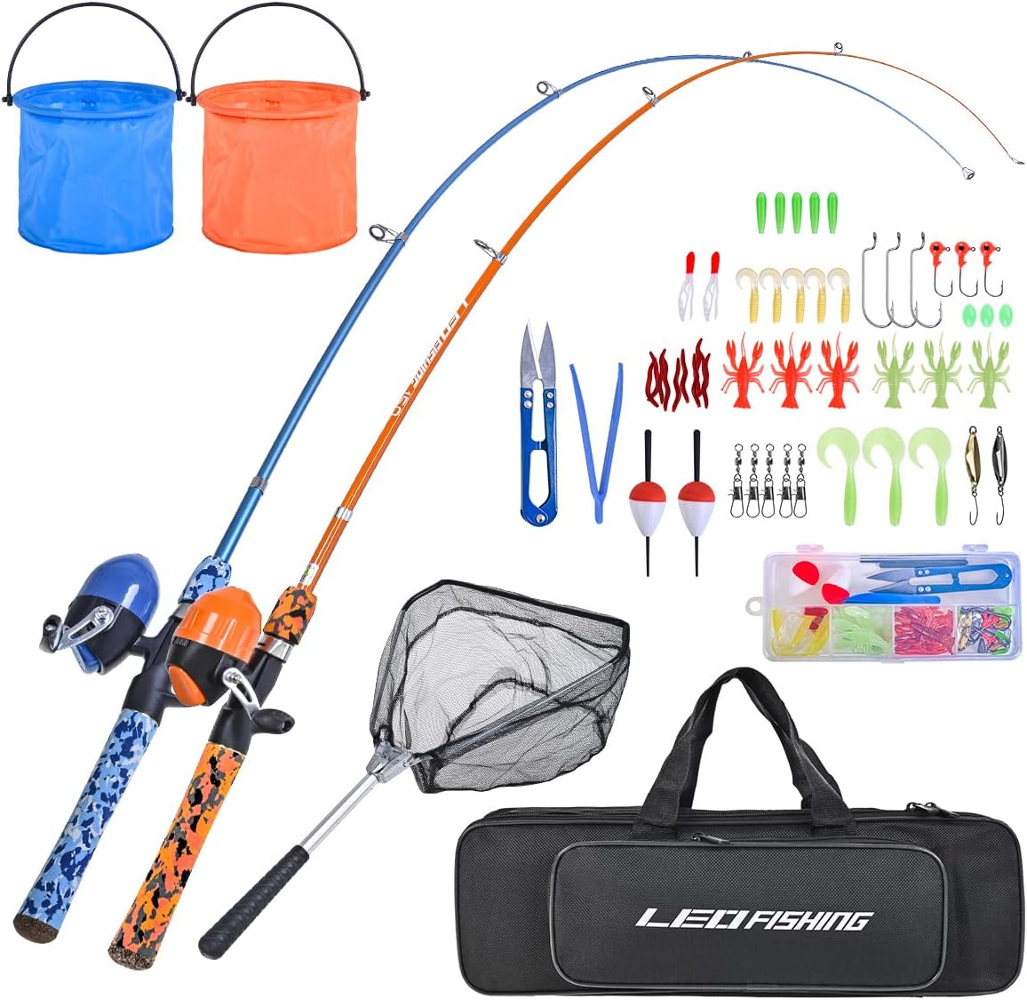 LEOFISHING Kids Fishing Pole Set with Full Starter Kits Portable Telescopic Fishing Rod and Spincast Reel with a Fishing Net and Bucket for Boys Girls and Youth