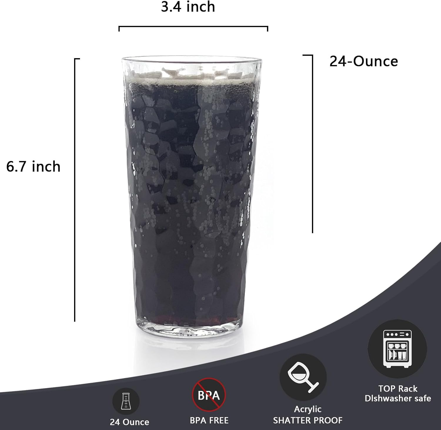 Yalin 24-Ounce Plastic Tumbler Acrylic Drinking Glasses, Reusable Plastic Cups, Stackable, Bpa-Free, Shatter Proof, Dishwasher Safe, Set of 8, Large, Clear, TG142 - Gray image number 6