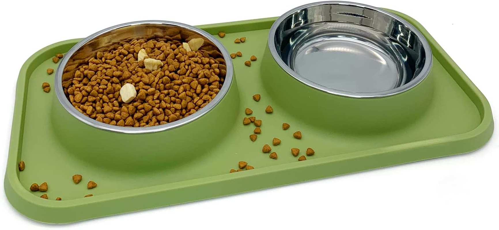 BNOSDM Double Dog Food Bowls Stainless Steel Dog Food and Water Bowls with Non-Spill Plastic Mat Pet Cat Feeder Bowl Set for Puppy Cats Kitten Small Dogs, Dark Green