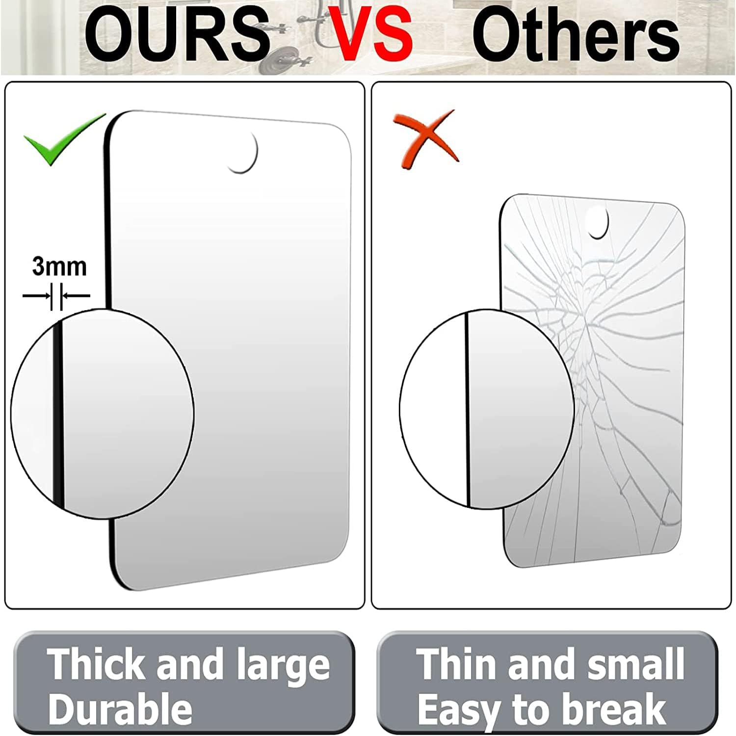 Xoyo 2-Pack Fogless Shower Mirror, Frameless, Rectangular, Stainless Steel, Adhesive Mount, 11" X 7.48" (Large), 6" X 4" (Small), 2.7 Oz, 2 Pack