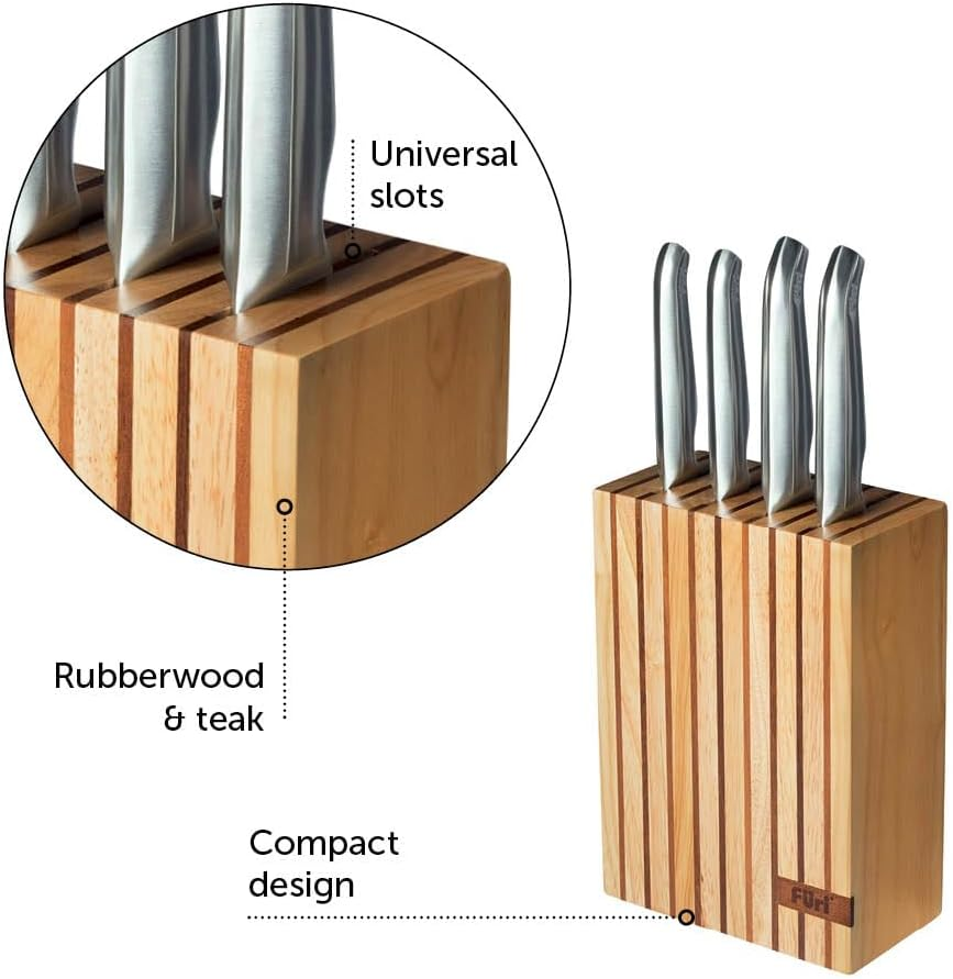 Furi Pro Wooden Knife Block Set 5 Pc, Rubberwood and Teak Knife Block with Four Premium Knives for a Superior Cutting Performance, Stainless Steel Blades, Ergonomic Reverse-Wedge, Anti-Fatigue Handle image number 5