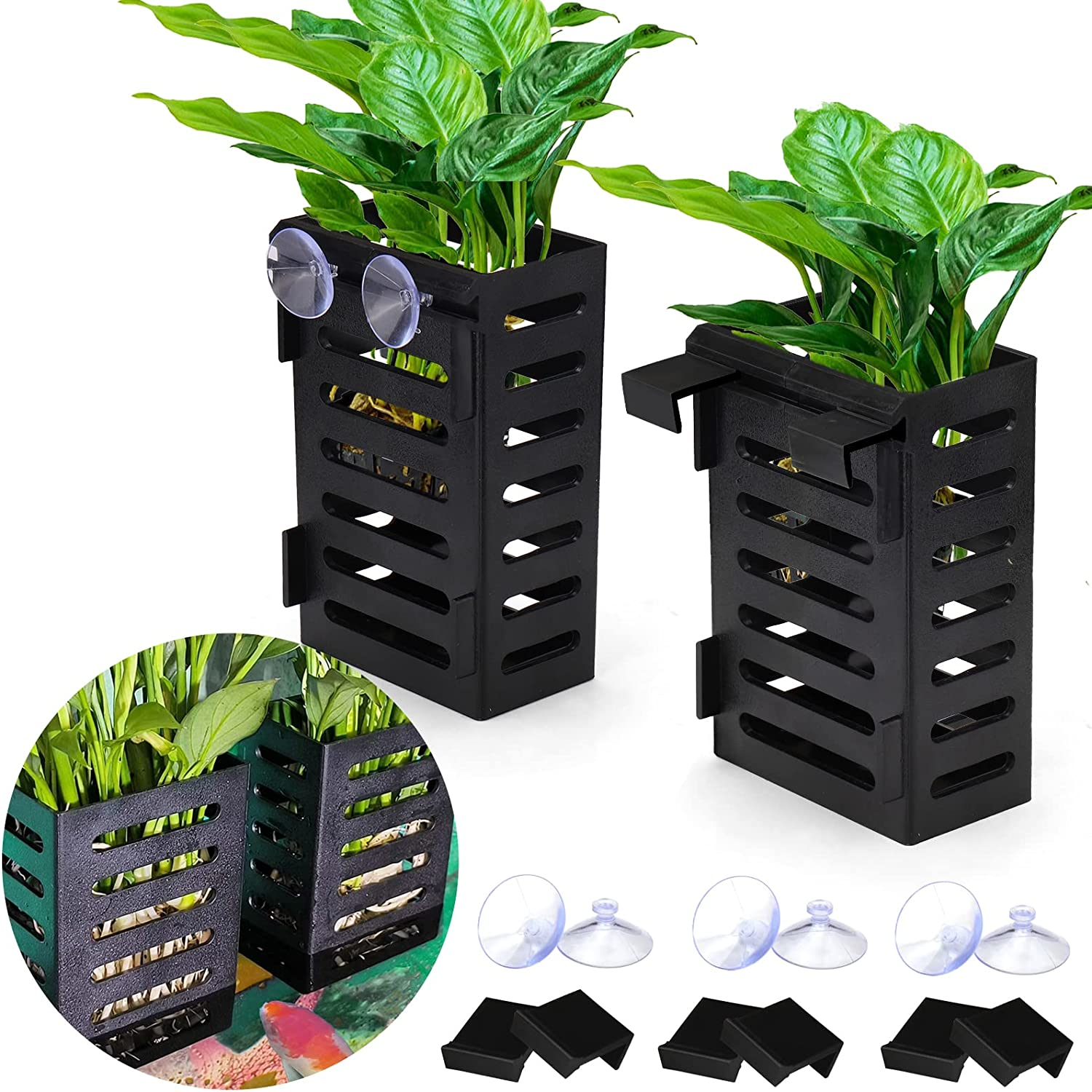 BABORUI 2 Pack Aquarium Plant Holder with Hooks and Suction Cups, Hanging Aquatic Planter Cups for Aquarium Decorations Plants, Aquarium Decor for Fish Tank Live Aquarium Plants, Black, (H-207) image number 3